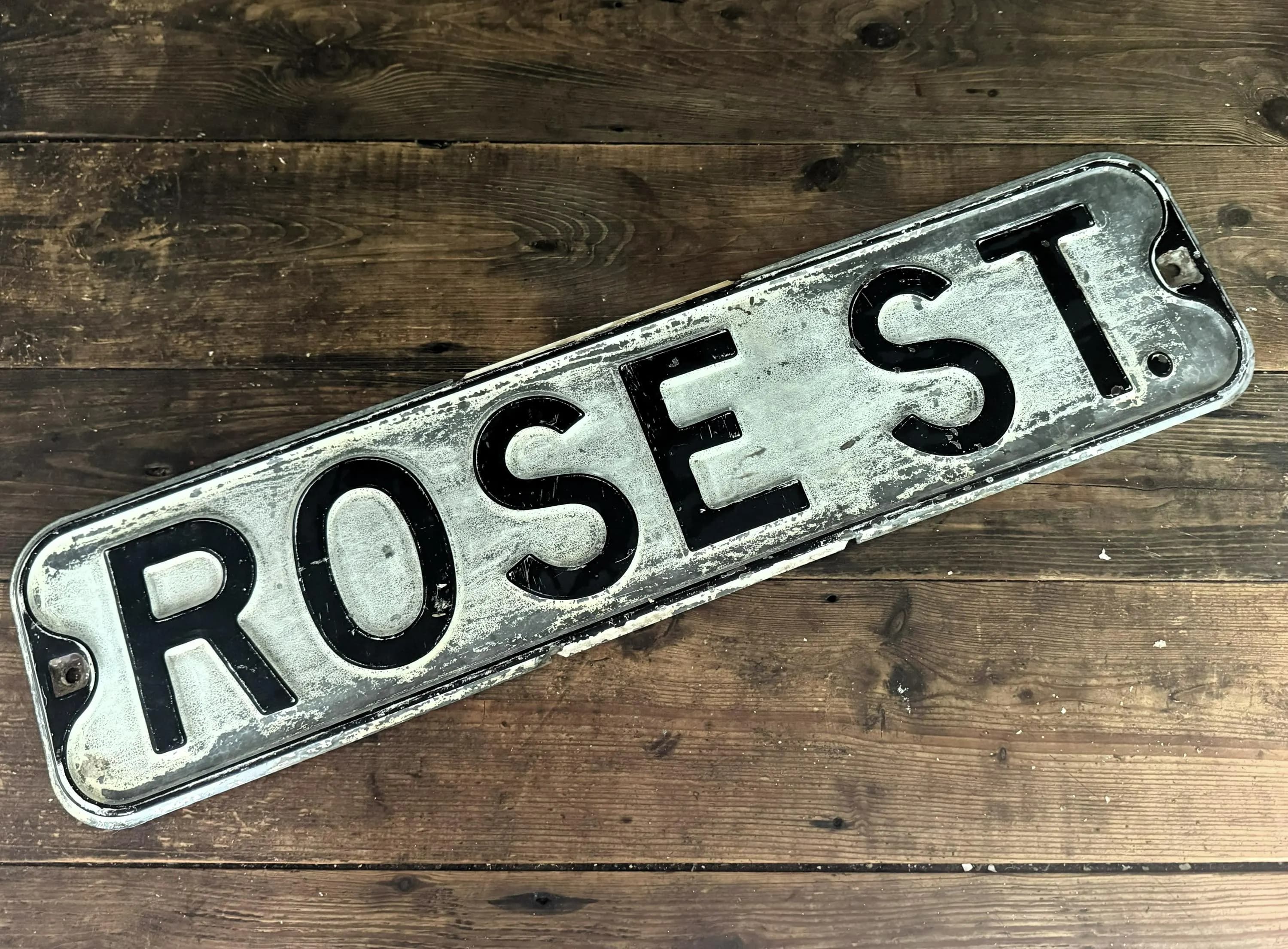 Rustic Vintage Heavy Metal "Rose St." White and Black Road Sign Old Street Sign Garden Decor - image 5