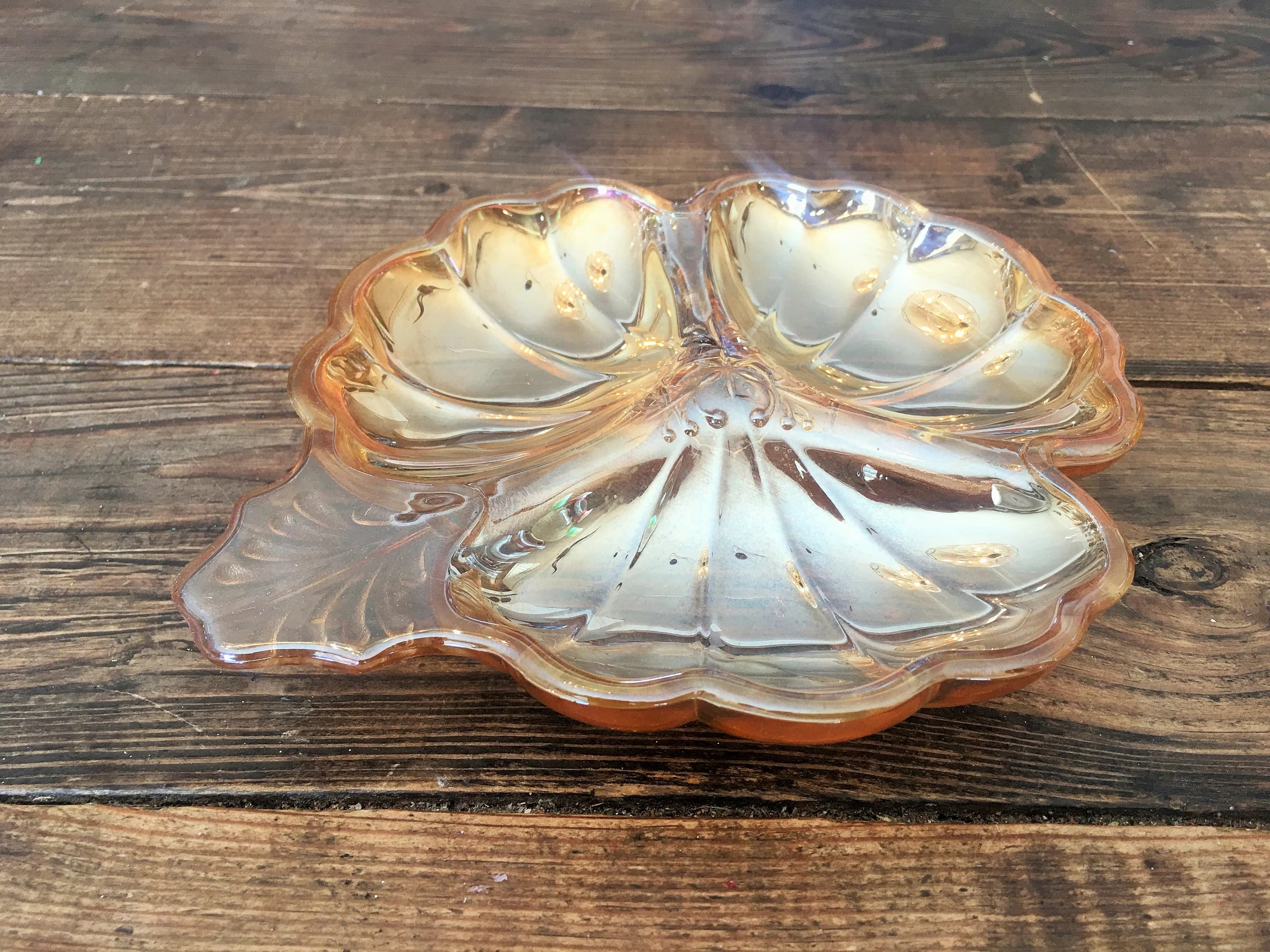 Vintage Doric Jeanette Marigold Carnival Glass 3 Leaf Clover Candy Dish/Collectible Carnival Glass Candy Dish/Decorative Iridescent Amber - image 4