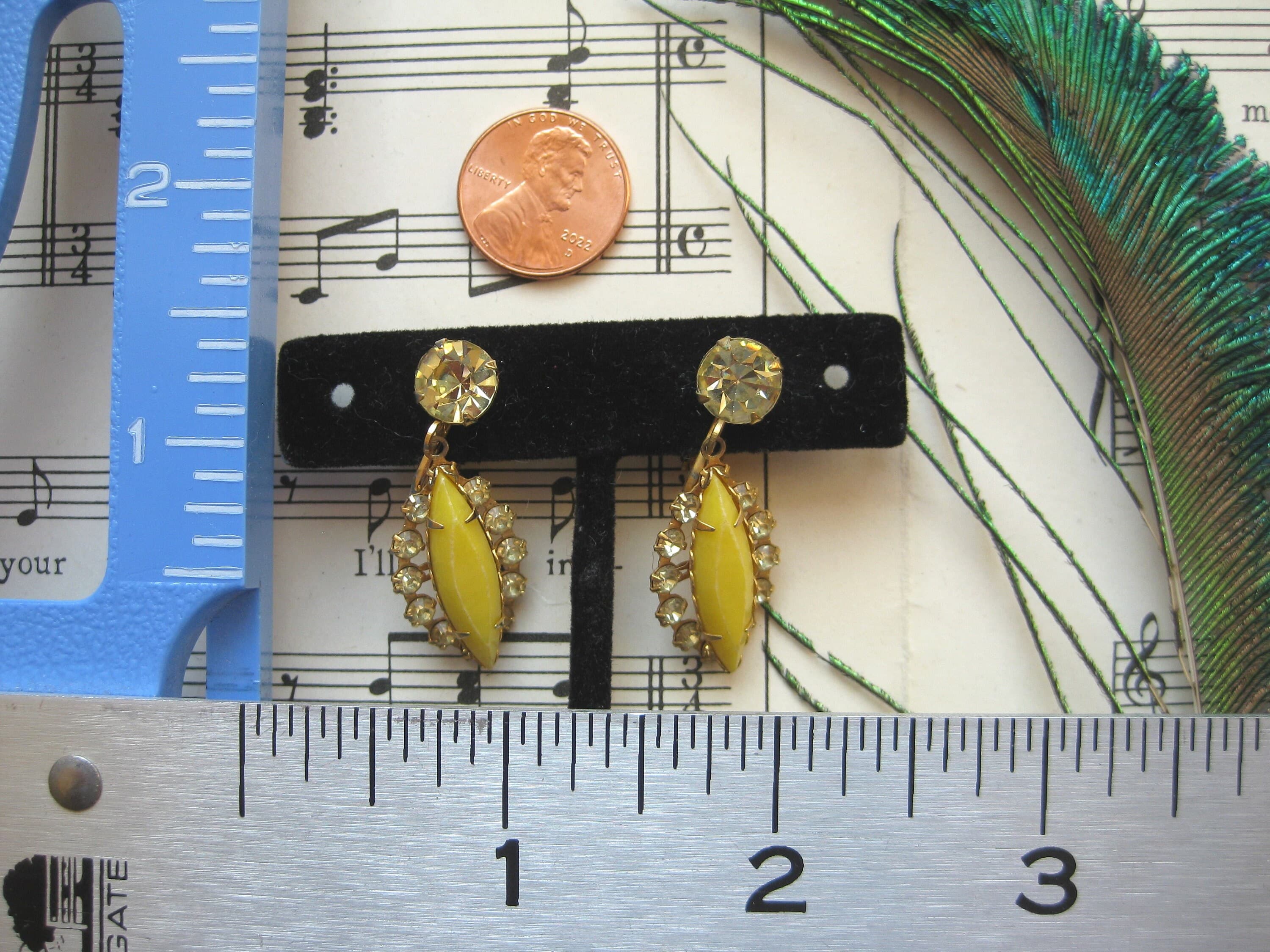 Clip-on Earrings, Yellow Art Glass & Rhinestones, Gold Settings, Vintage - image 3