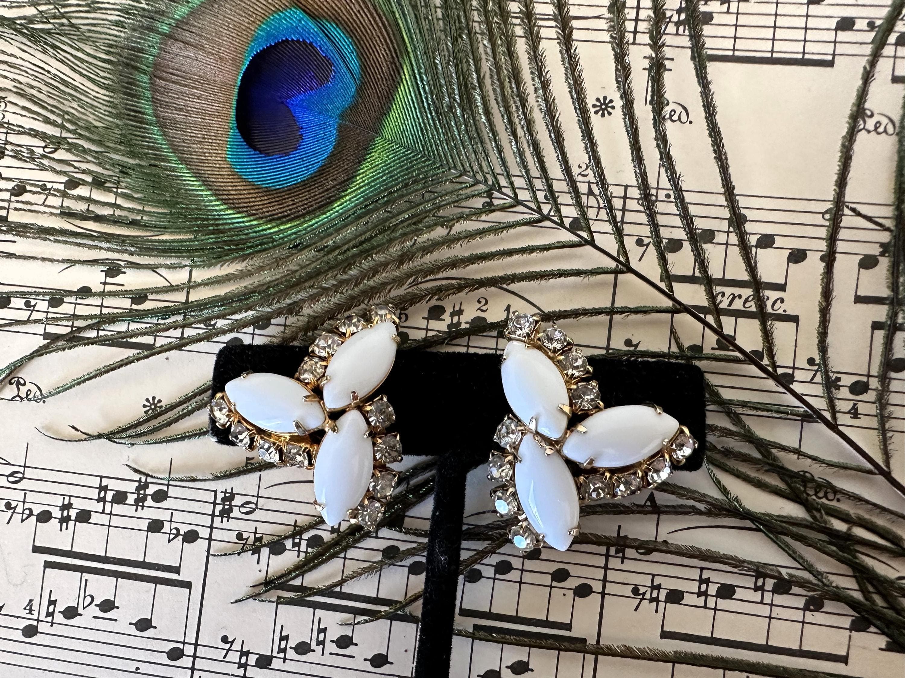 Vintage Earrings, White Milk Glass and Clear Rhinestones, Clip Earrings, Estate Find - image 4