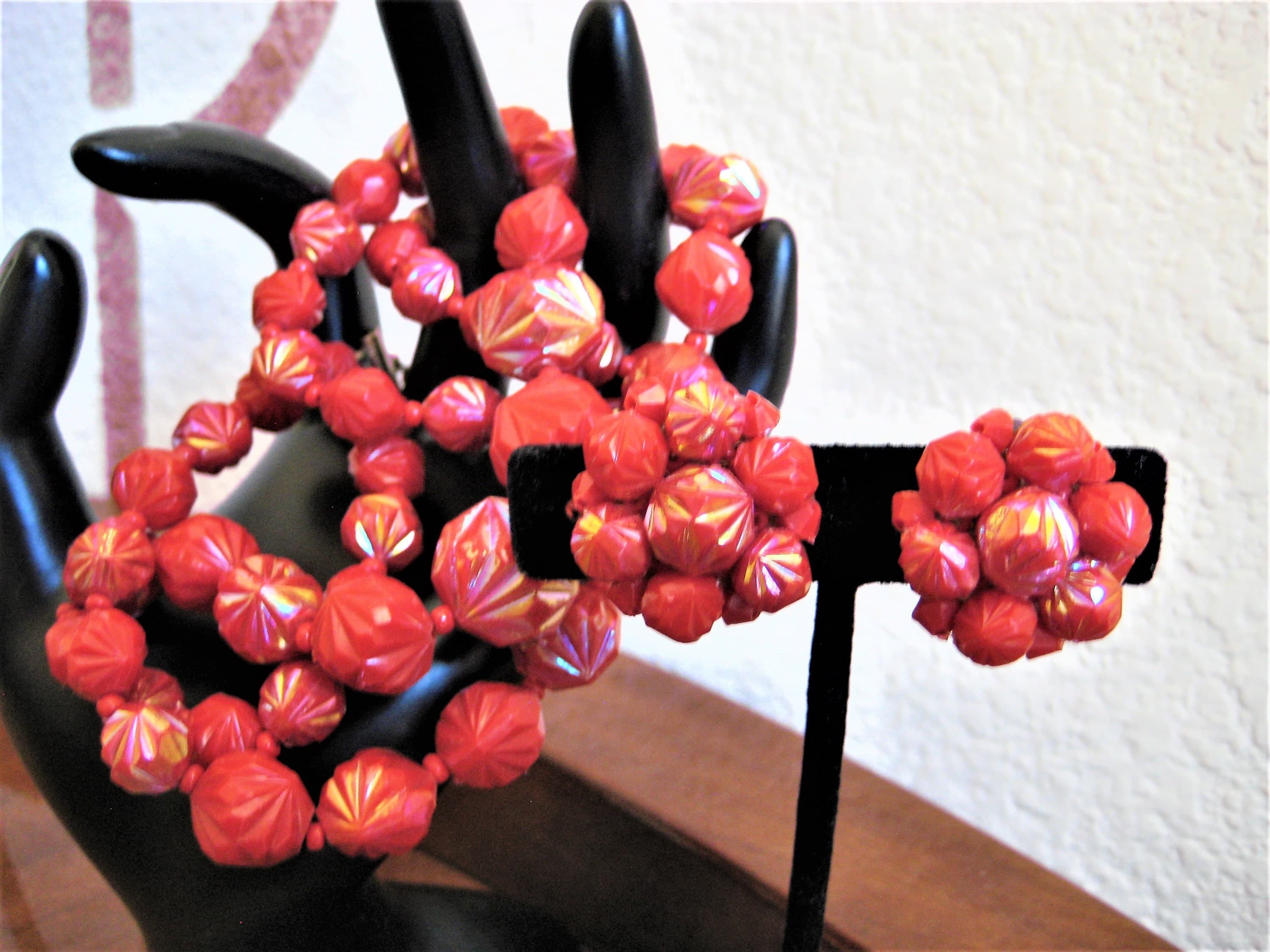 Necklace and Earrings Set, Red Ombre Beads, Western Germany, Vintage Estate Find - image 4