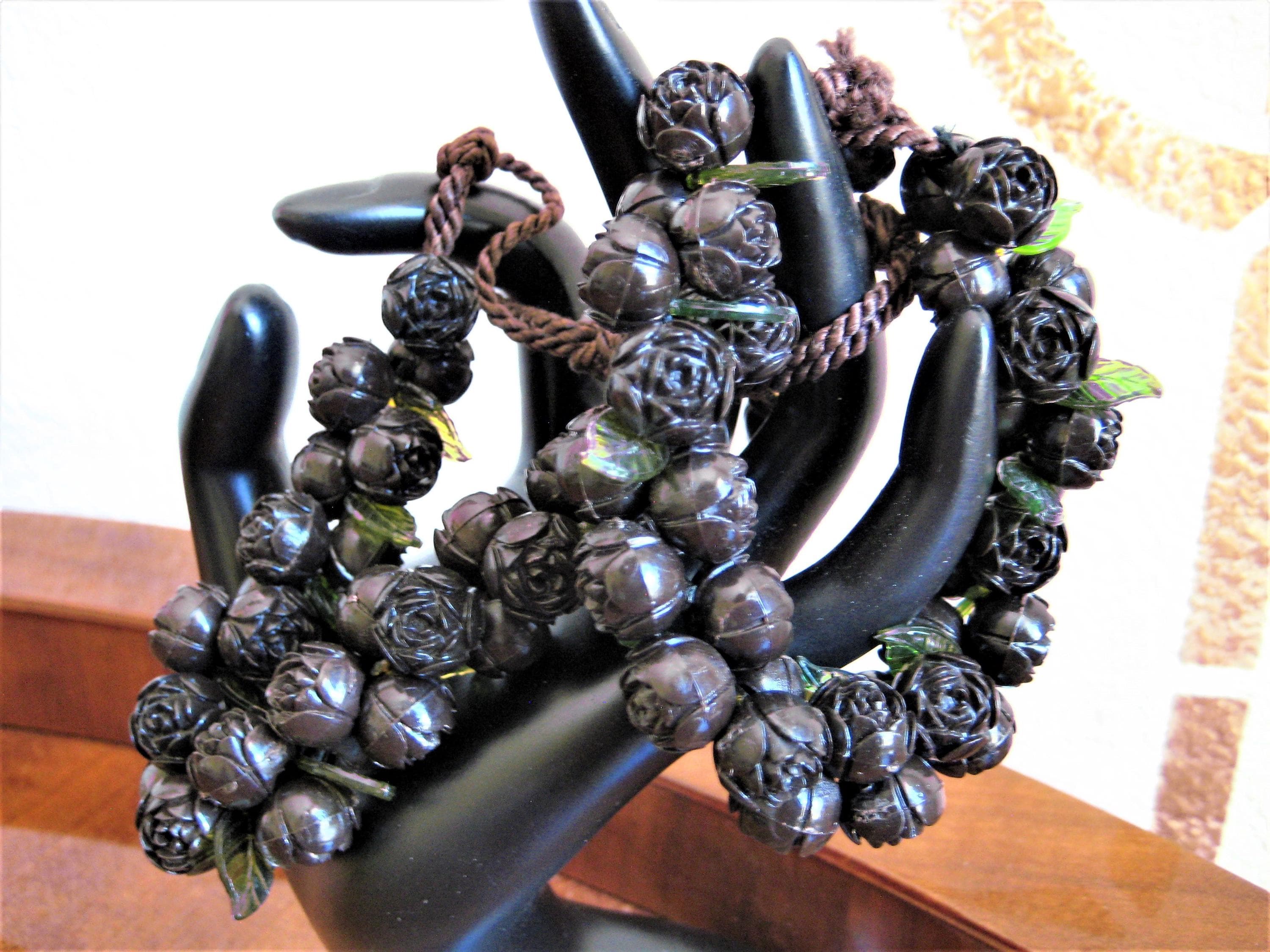 Necklace & Bracelet Set, Thermoset Roses, Ebony Brown, Floral Costume Jewelry, Vintage