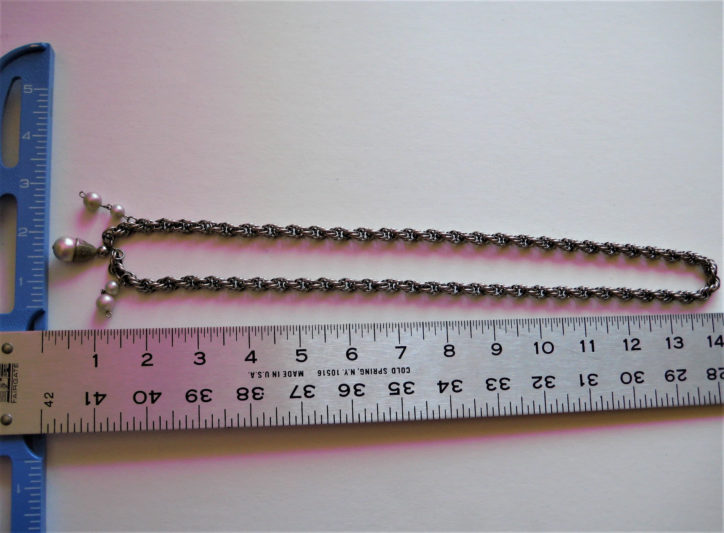 Pendant Necklace, Faux Pearls, Silvery-Gold Rope Chain, 28 Inches Long, Vintage - image 4