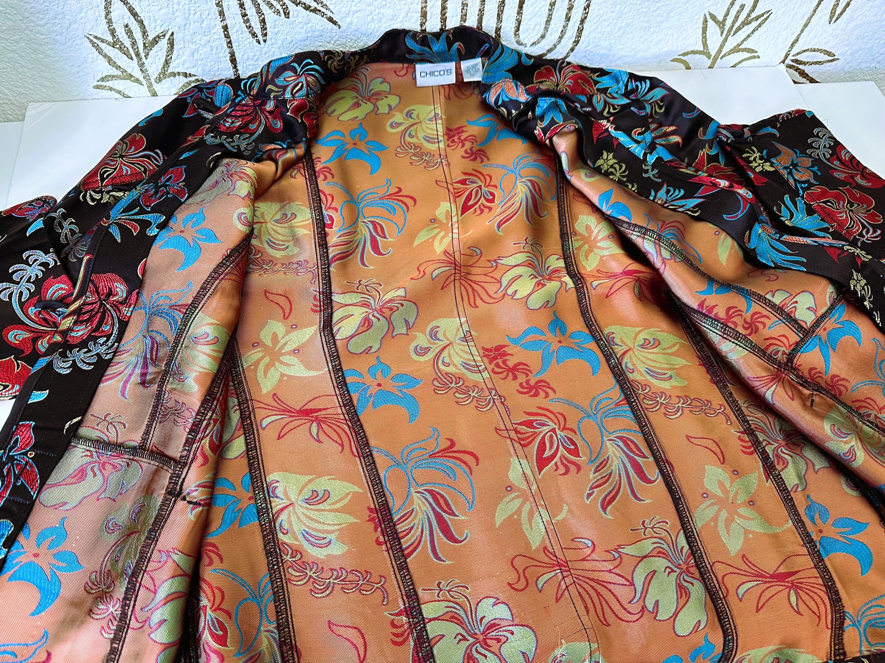 Floral Jacket, Chico's, Rayon Silk Brocade, Nehru Collar, Estate Find - image 3