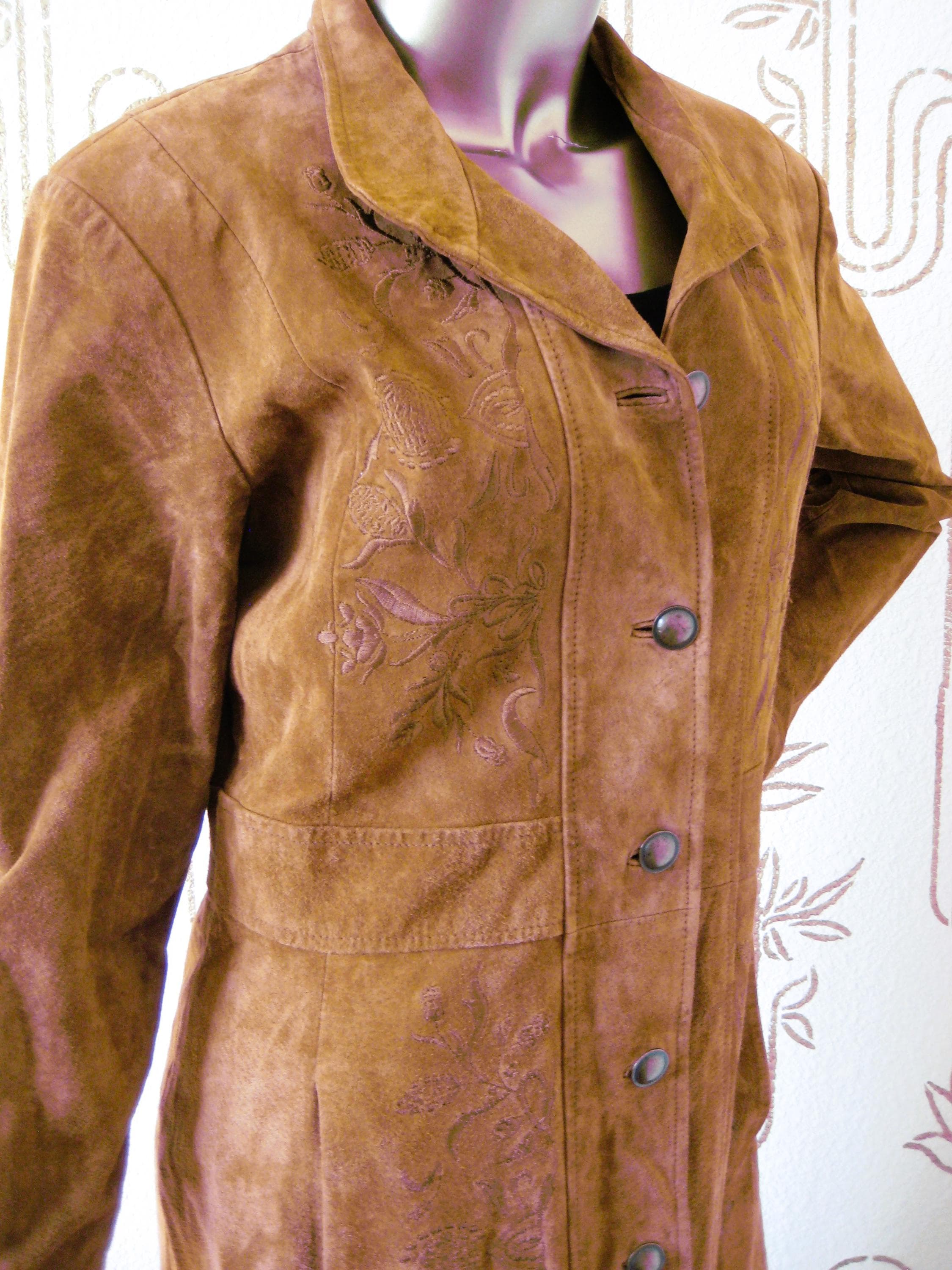 Coat, Suede Leather, Embroidered Detail, Margaret Godfrey, Size 10, Vintage - image 5