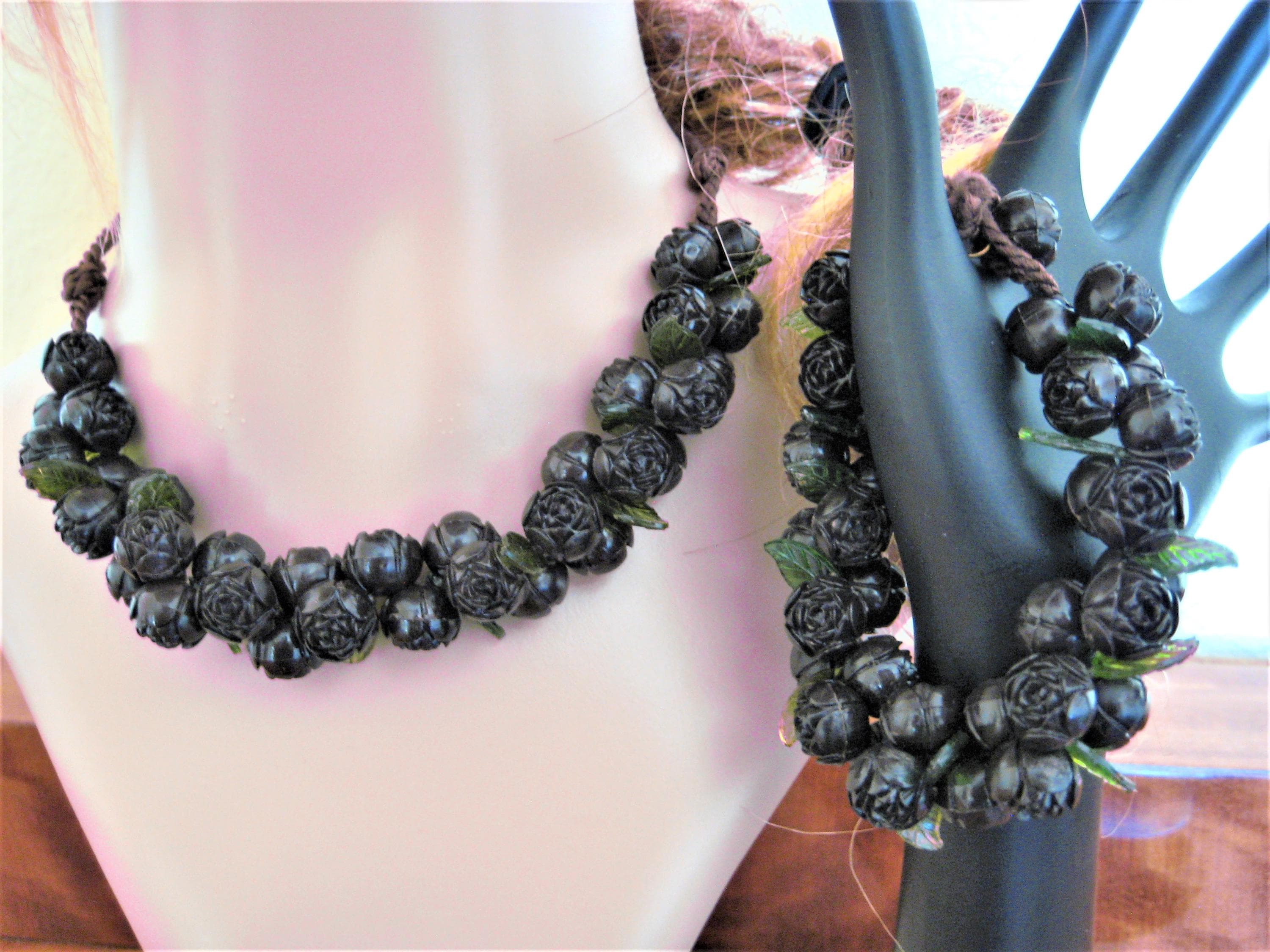 Necklace & Bracelet Set, Thermoset Roses, Ebony Brown, Floral Costume Jewelry, Vintage - image 4