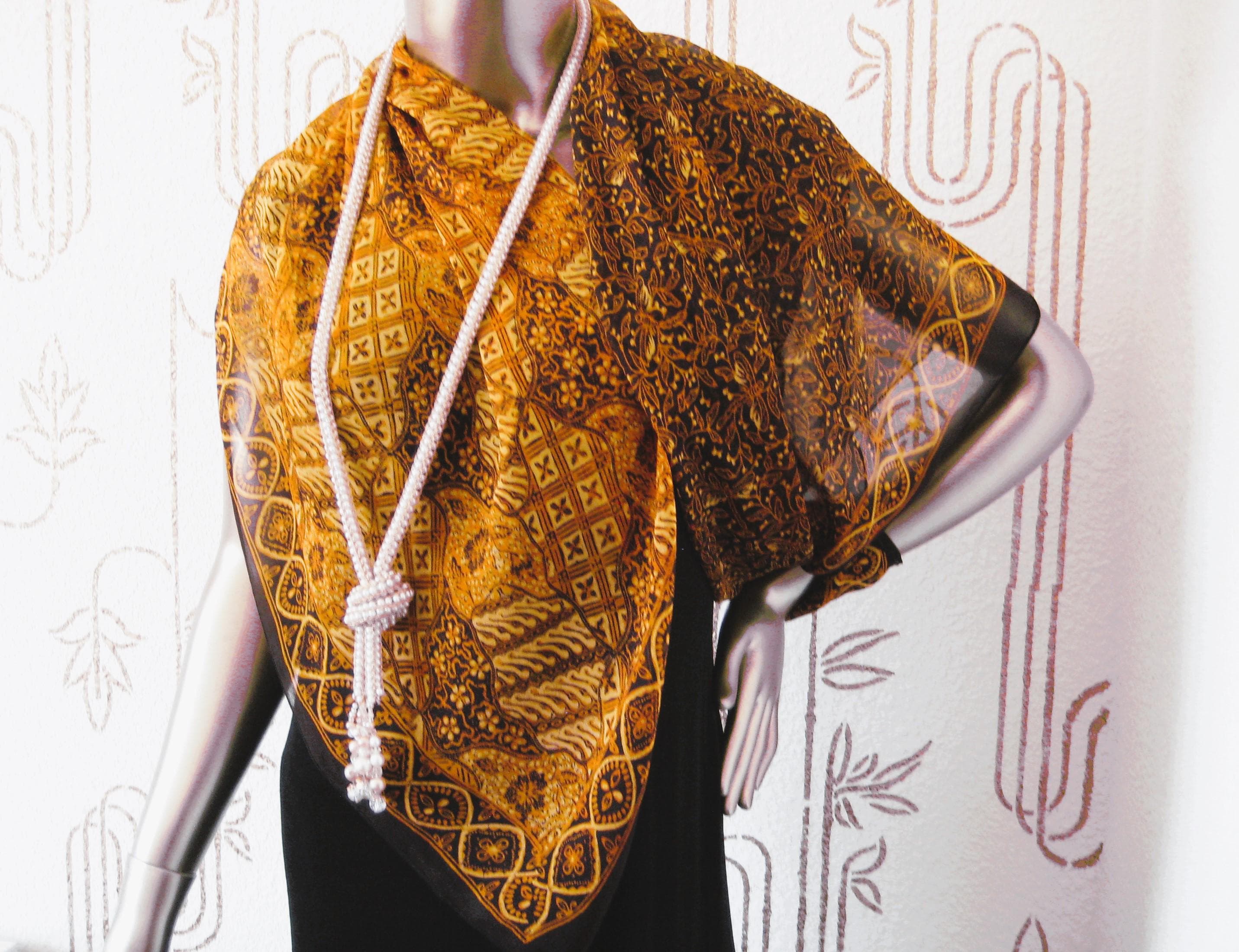 Chiffon Square Scarf, Black and Golden Yellow Pattern, Estate Find, Square (43x42 Inches)