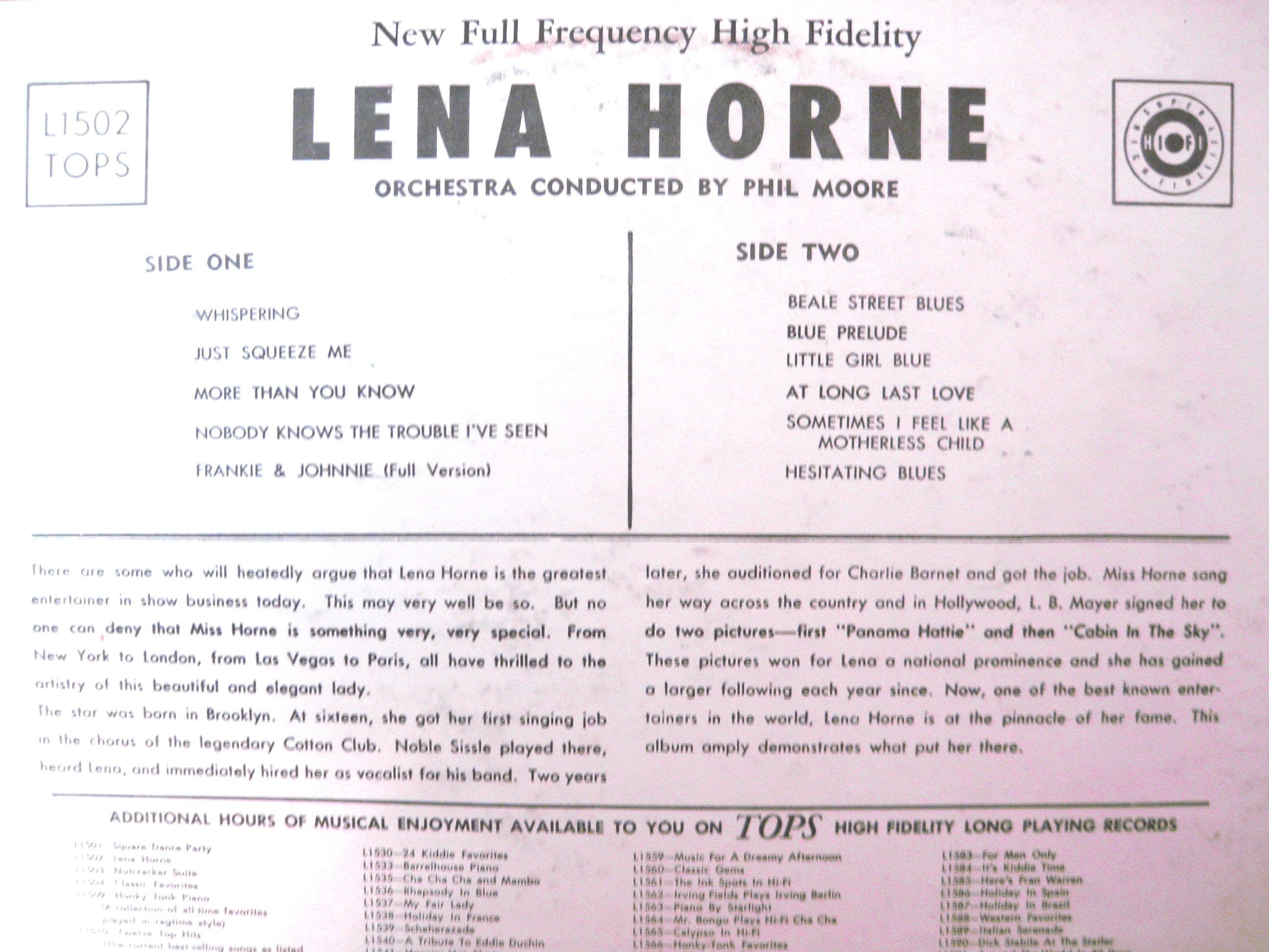 Lena Horne Vintage Vinyl Record Album, 1958 HiFi Tops - image 3