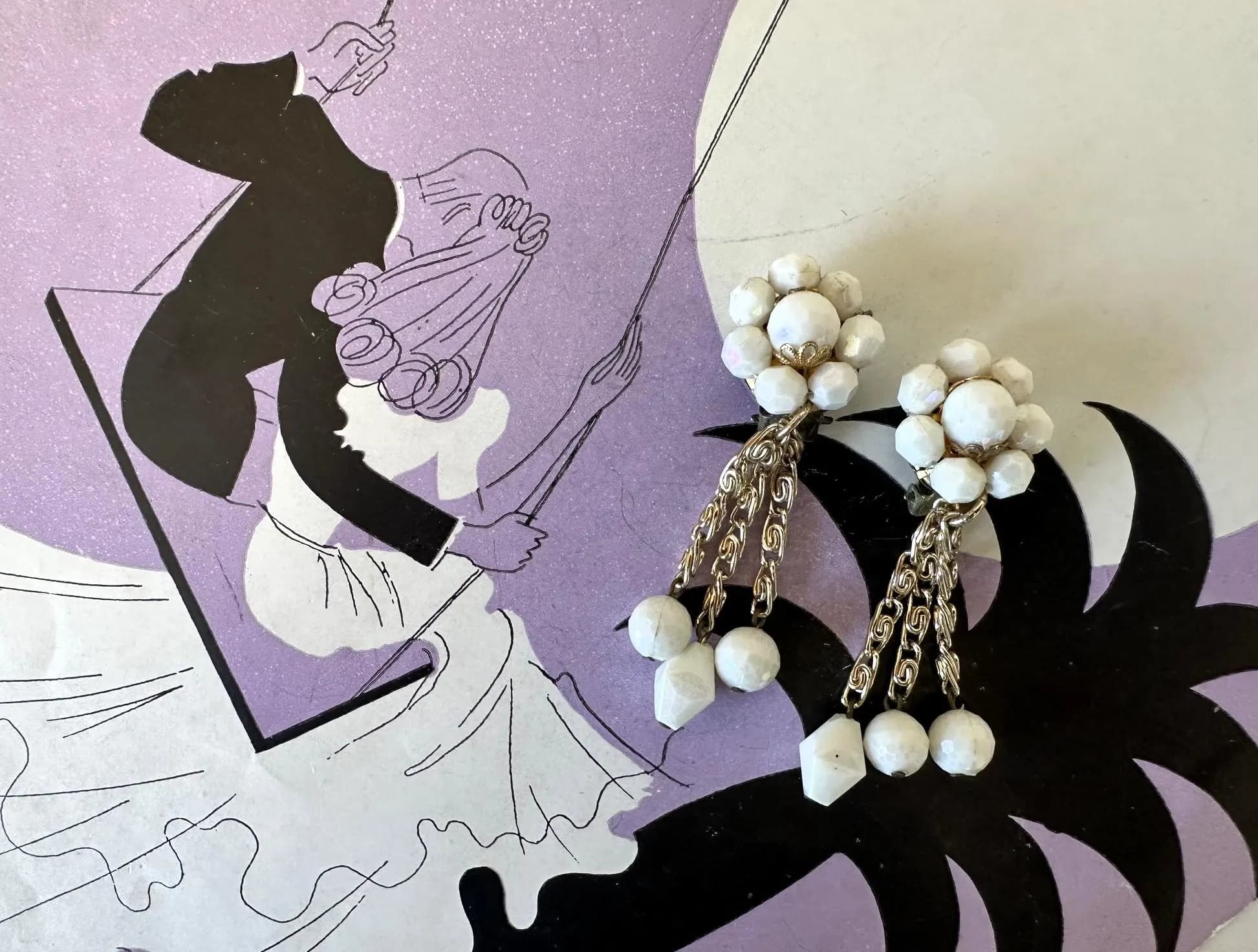 Dangle Drop Clip-back Earrings, WEST GERMANY, White Milk Glass, Vintage