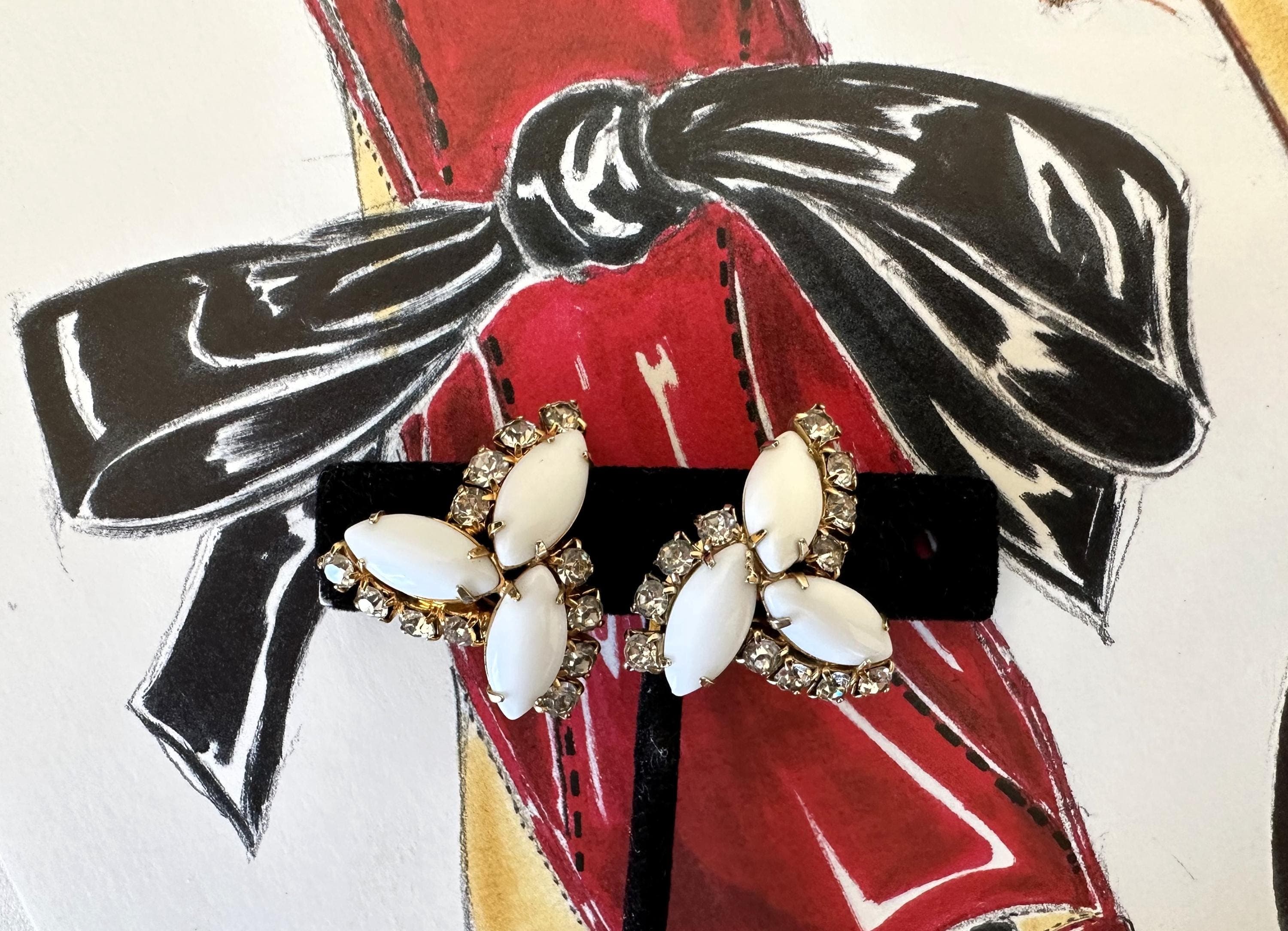 Vintage Earrings, White Milk Glass and Clear Rhinestones, Clip Earrings, Estate Find