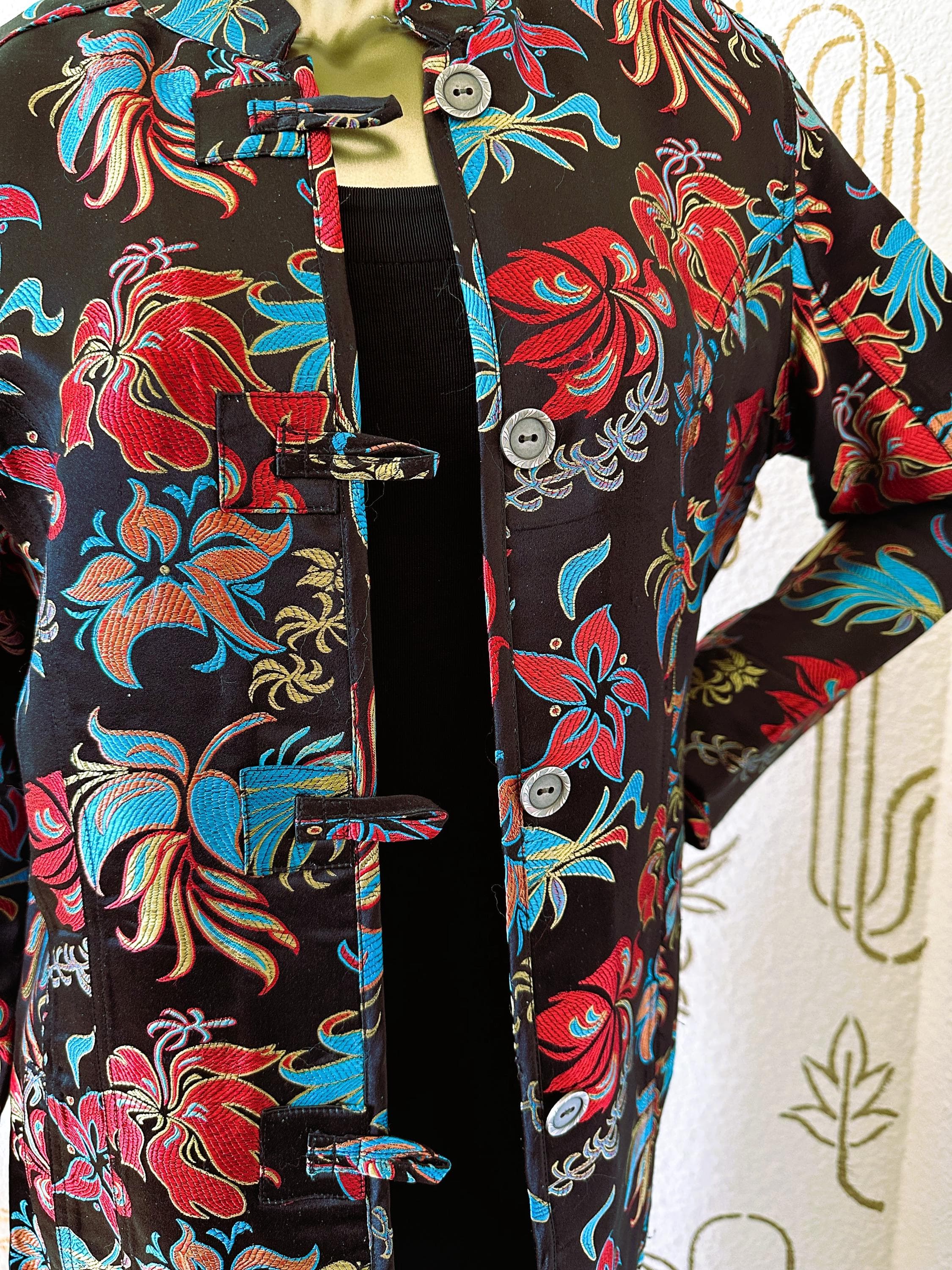 Floral Jacket, Chico's, Rayon Silk Brocade, Nehru Collar, Estate Find - image 3
