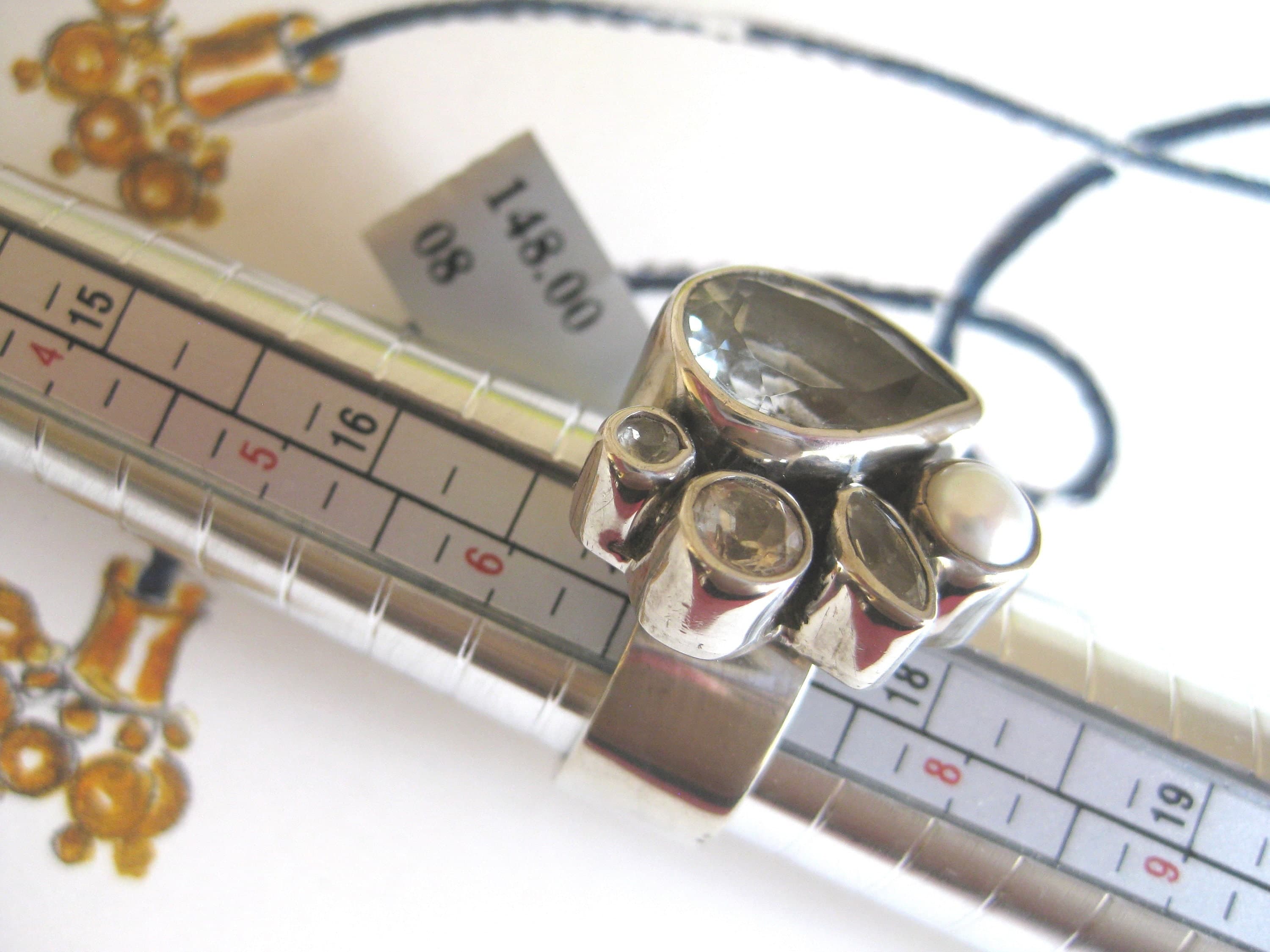Cocktail Ring, Pear Shaped Jewel, Pearl & Rhinestones, Silver Setting, Estate Find - image 3