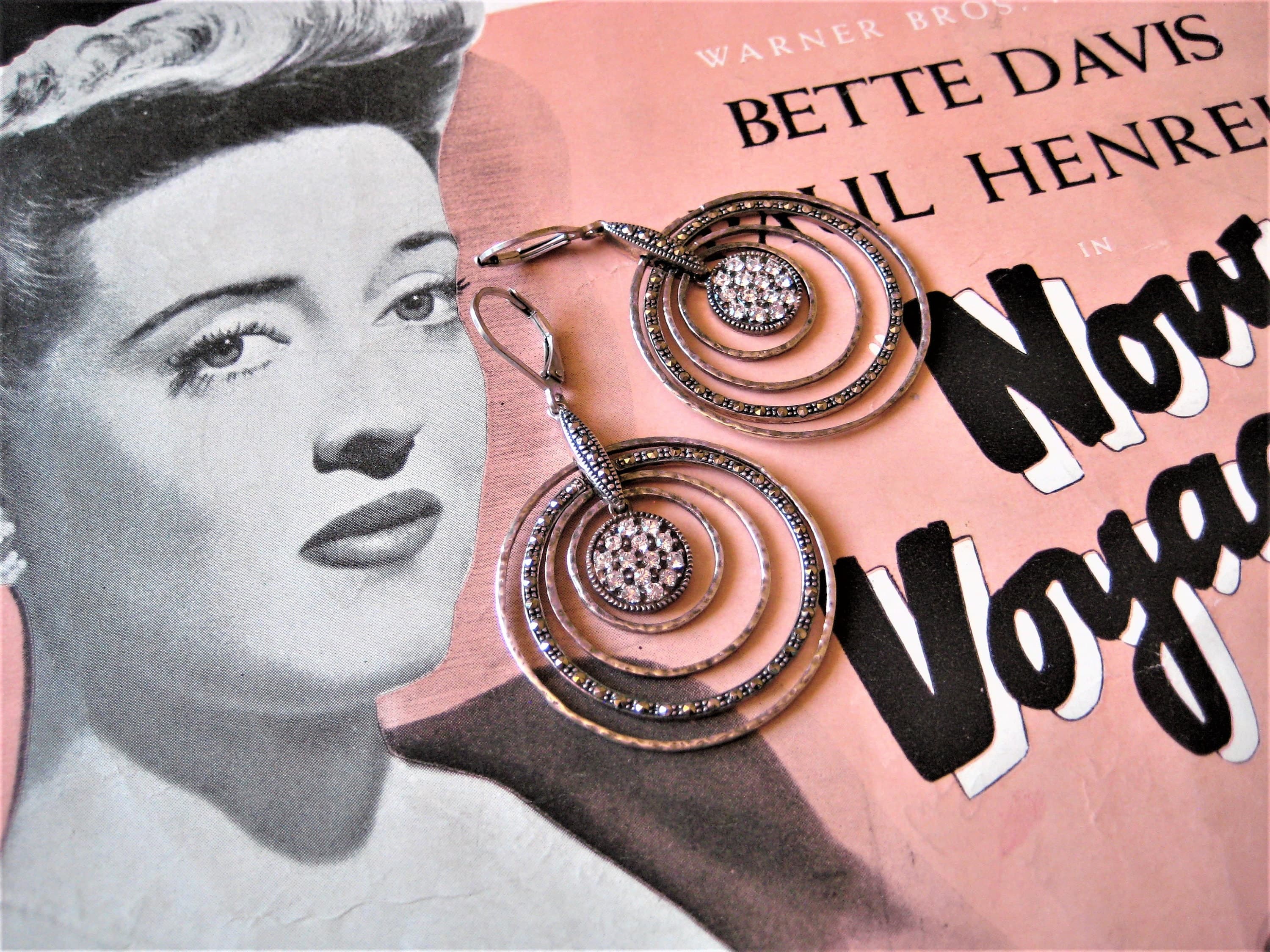 Dangle Earrings, Marcasite Rhinestone, Sterling Silver, Concentric Circles, Vintage - image 4