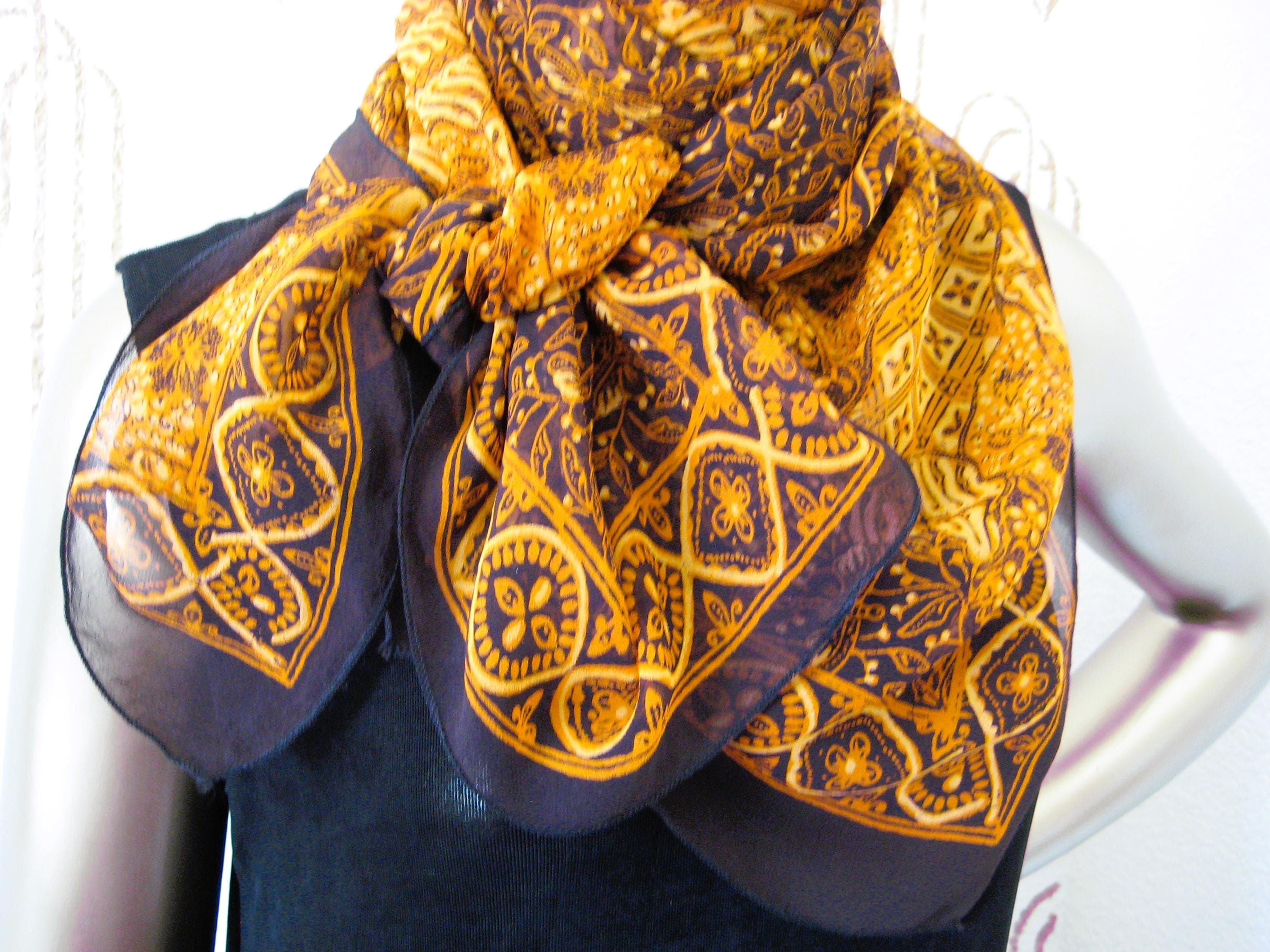 Chiffon Square Scarf, Black and Golden Yellow Pattern, Estate Find, Square (43x42 Inches) - image 5