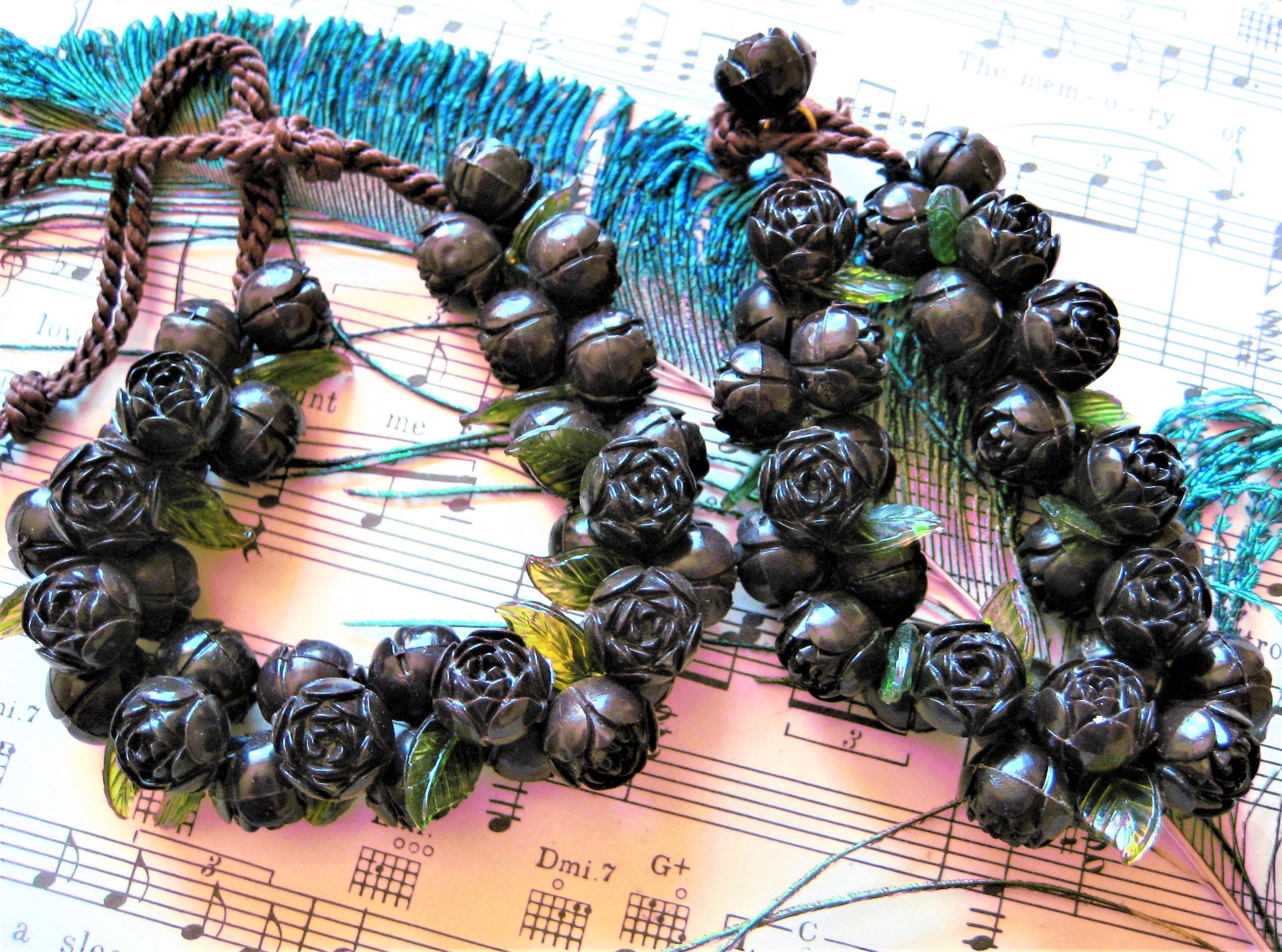 Necklace & Bracelet Set, Thermoset Roses, Ebony Brown, Floral Costume Jewelry, Vintage - image 3