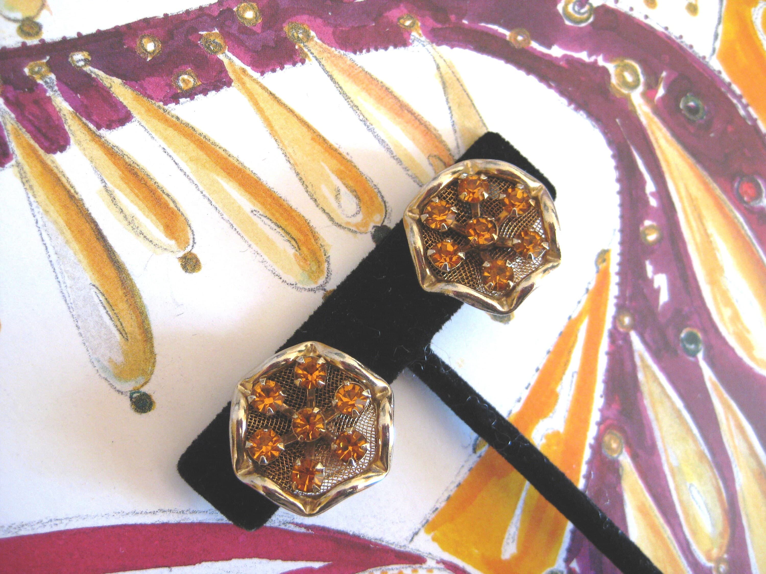 Clip On Earrings, Amber Rhinestones, Gold Tone Settings, Vintage Find - image 5
