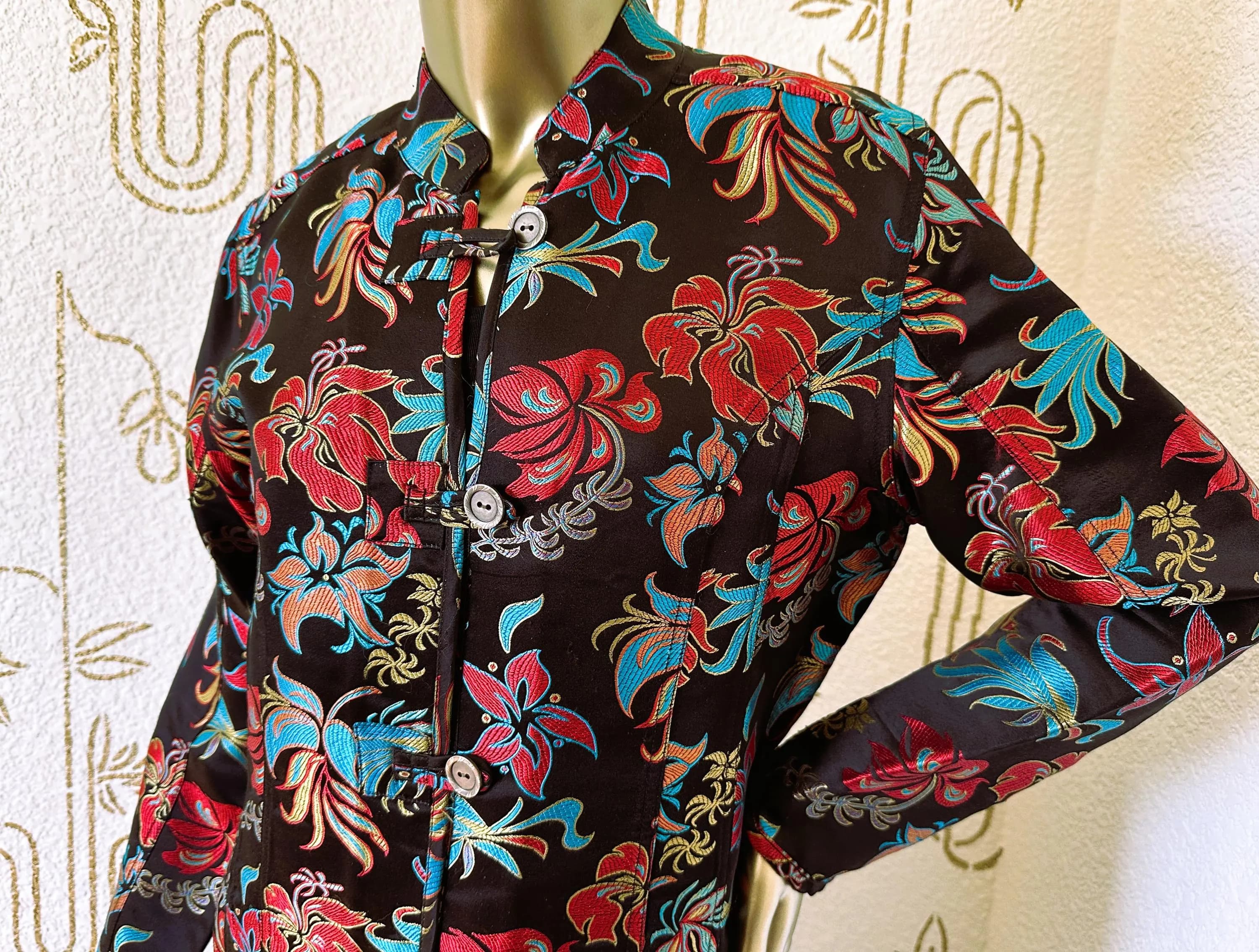 Floral Jacket, Chico's, Rayon Silk Brocade, Nehru Collar, Estate Find - image 4