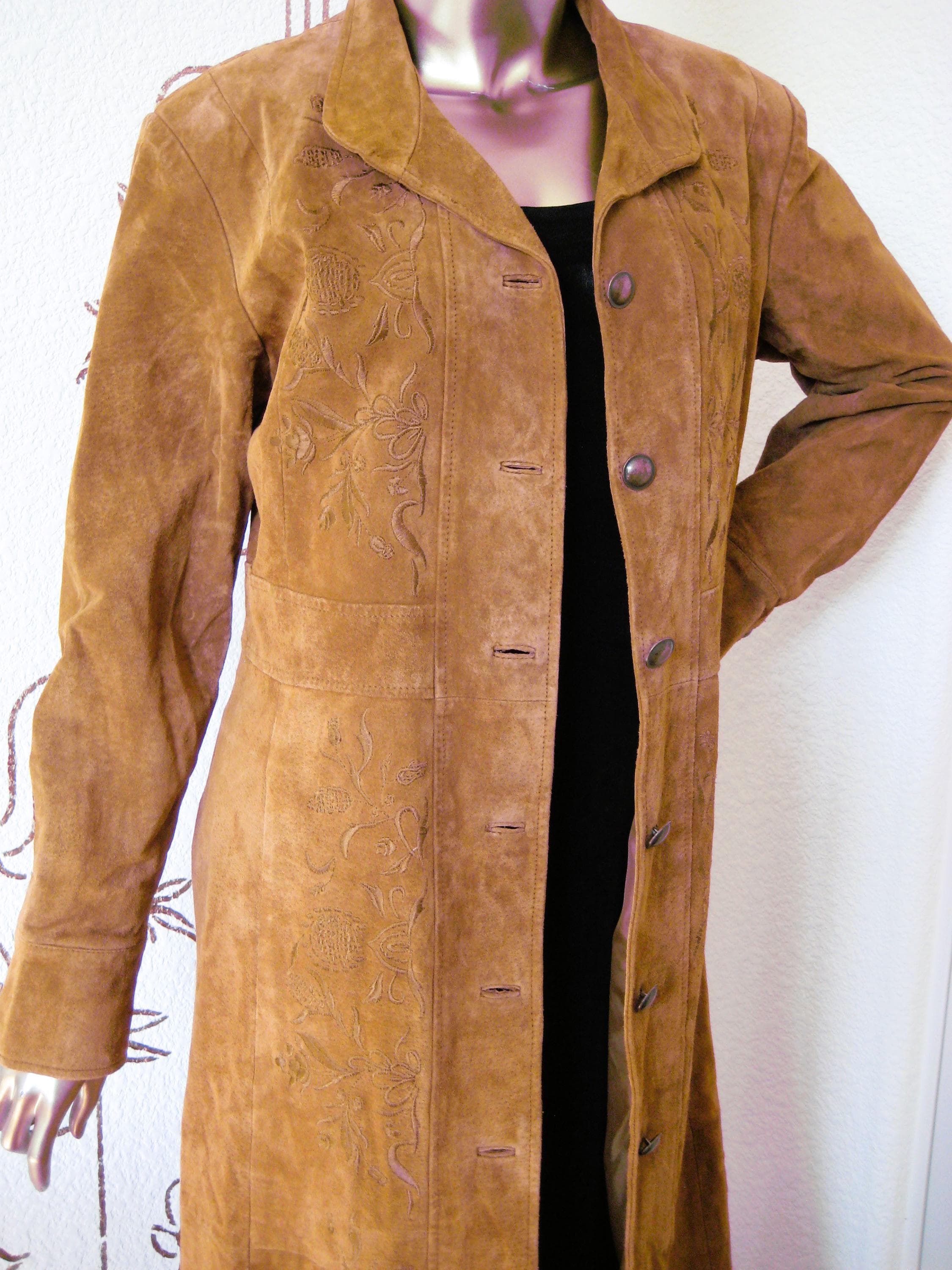 Coat, Suede Leather, Embroidered Detail, Margaret Godfrey, Size 10, Vintage - image 3