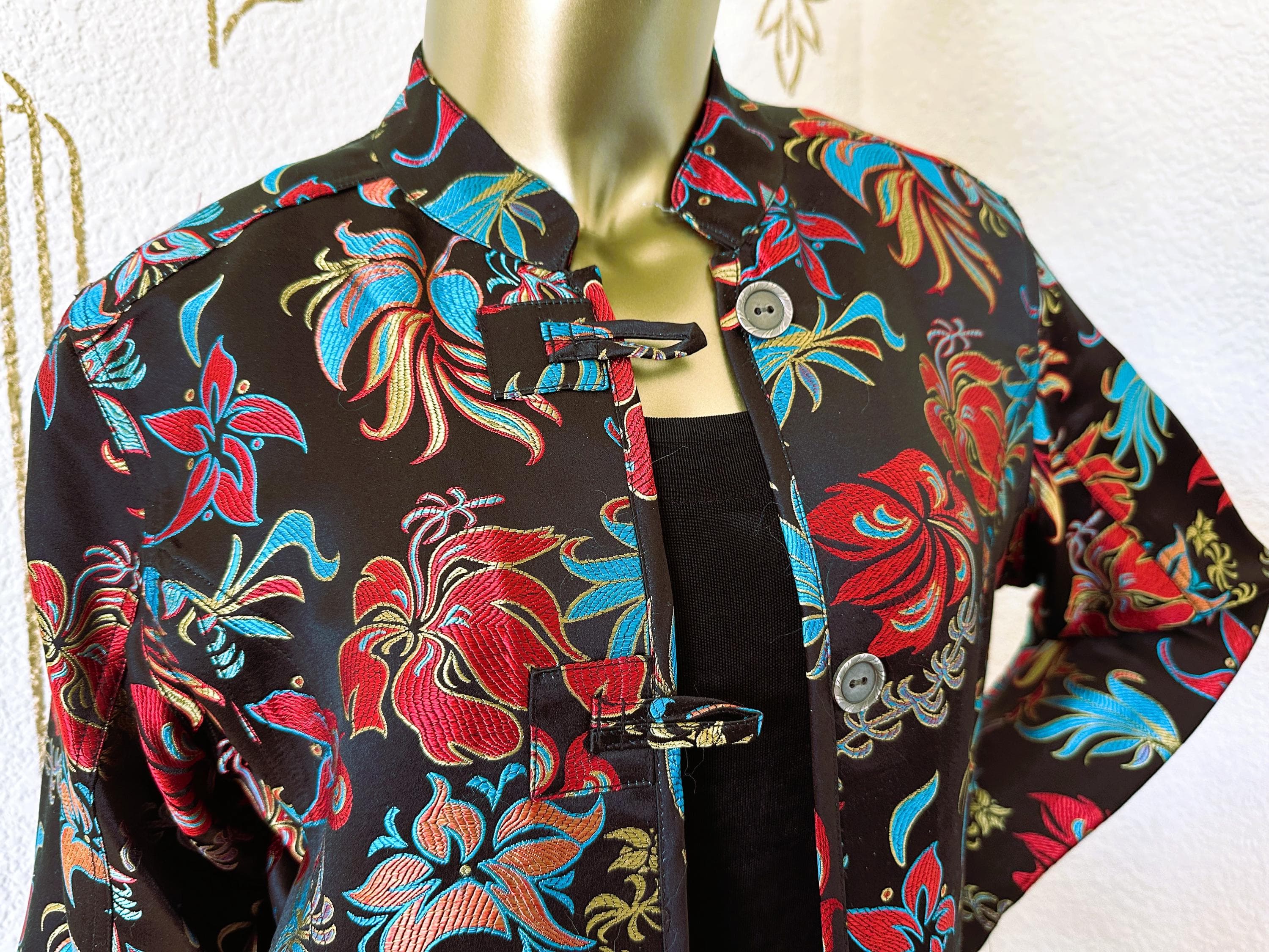 Floral Jacket, Chico's, Rayon Silk Brocade, Nehru Collar, Estate Find - image 5