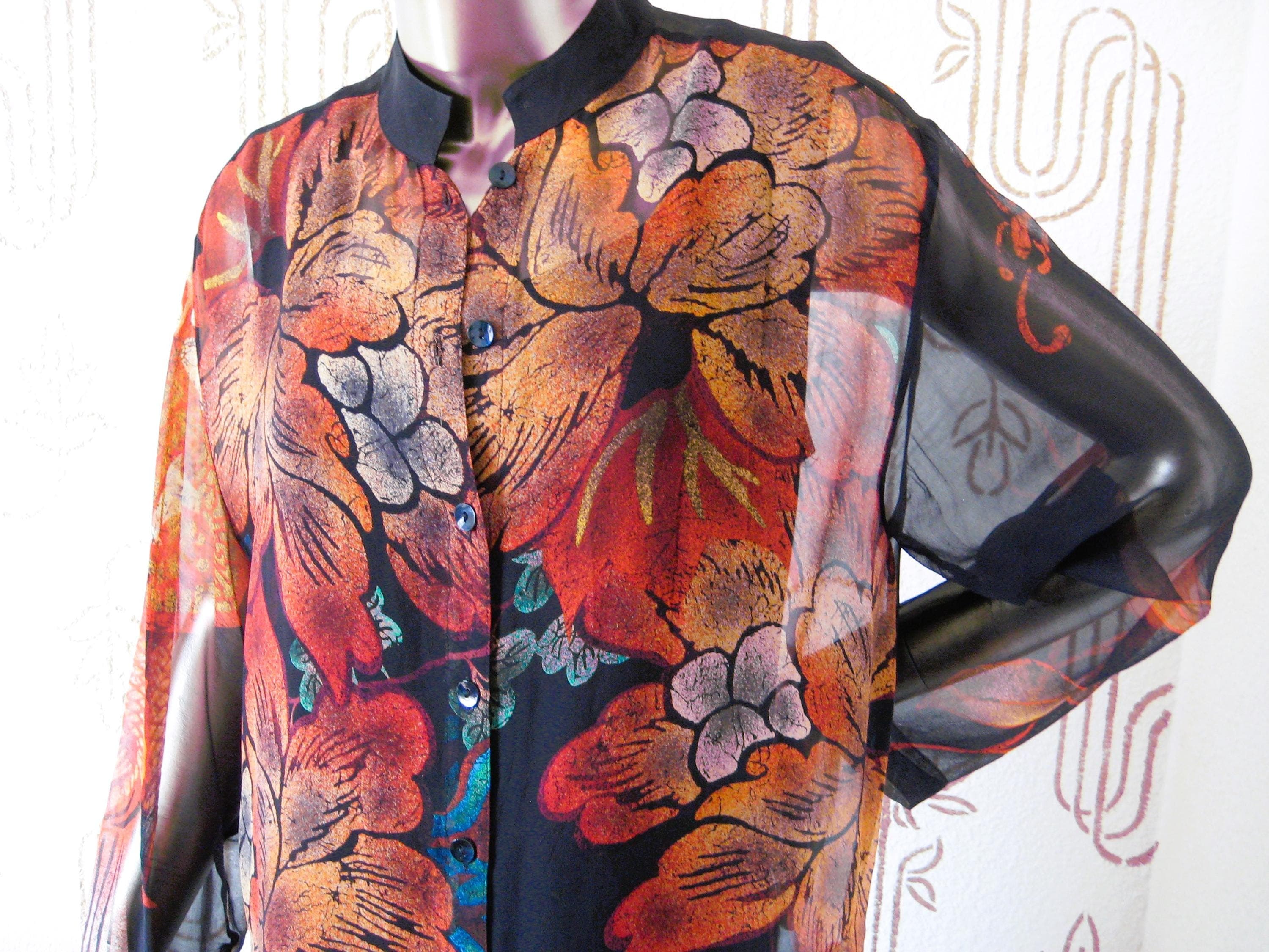 Chico's Vintage Silk Chiffon Blouse, Floral Asian Pattern