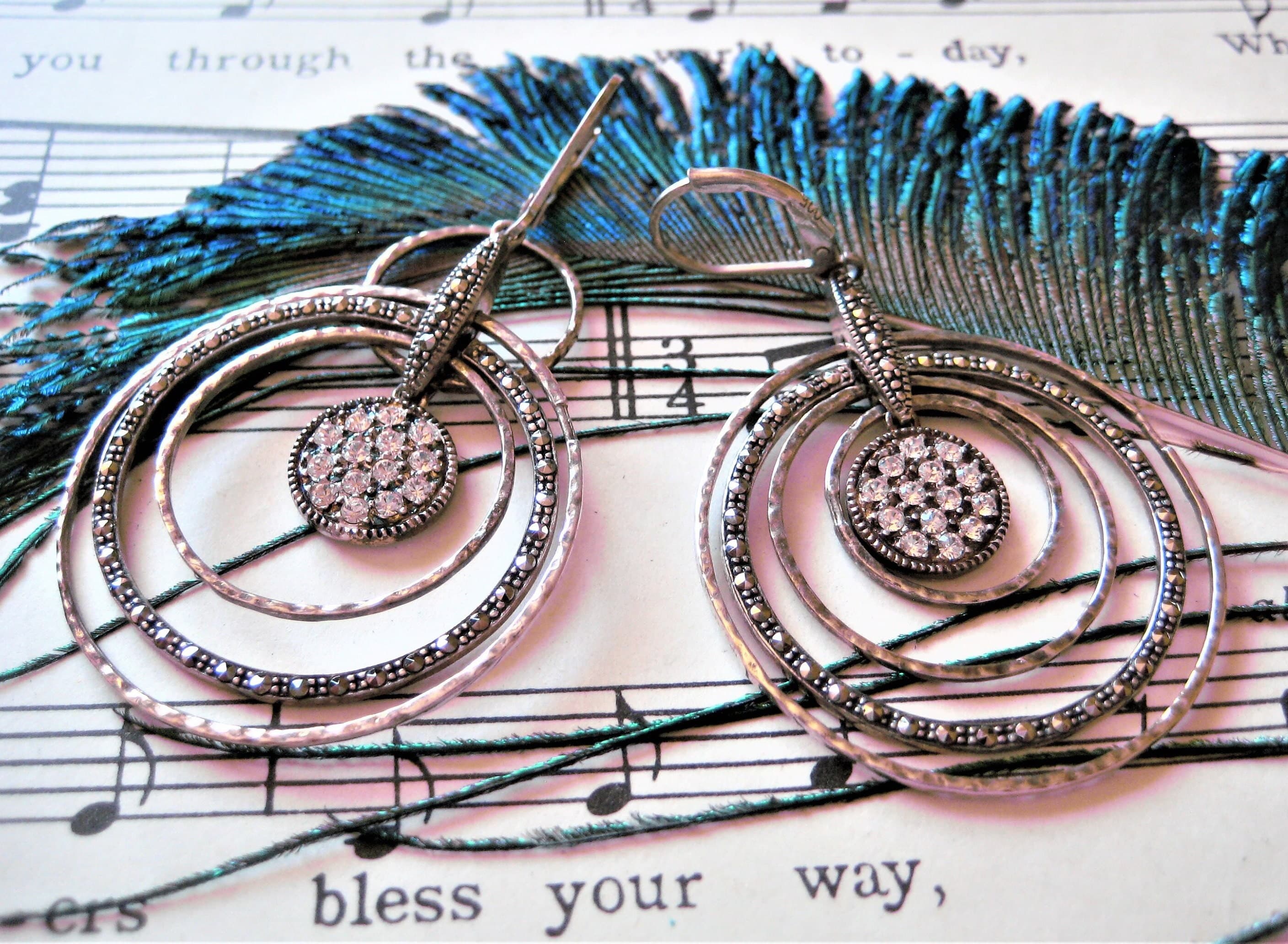 Dangle Earrings, Marcasite Rhinestone, Sterling Silver, Concentric Circles, Vintage