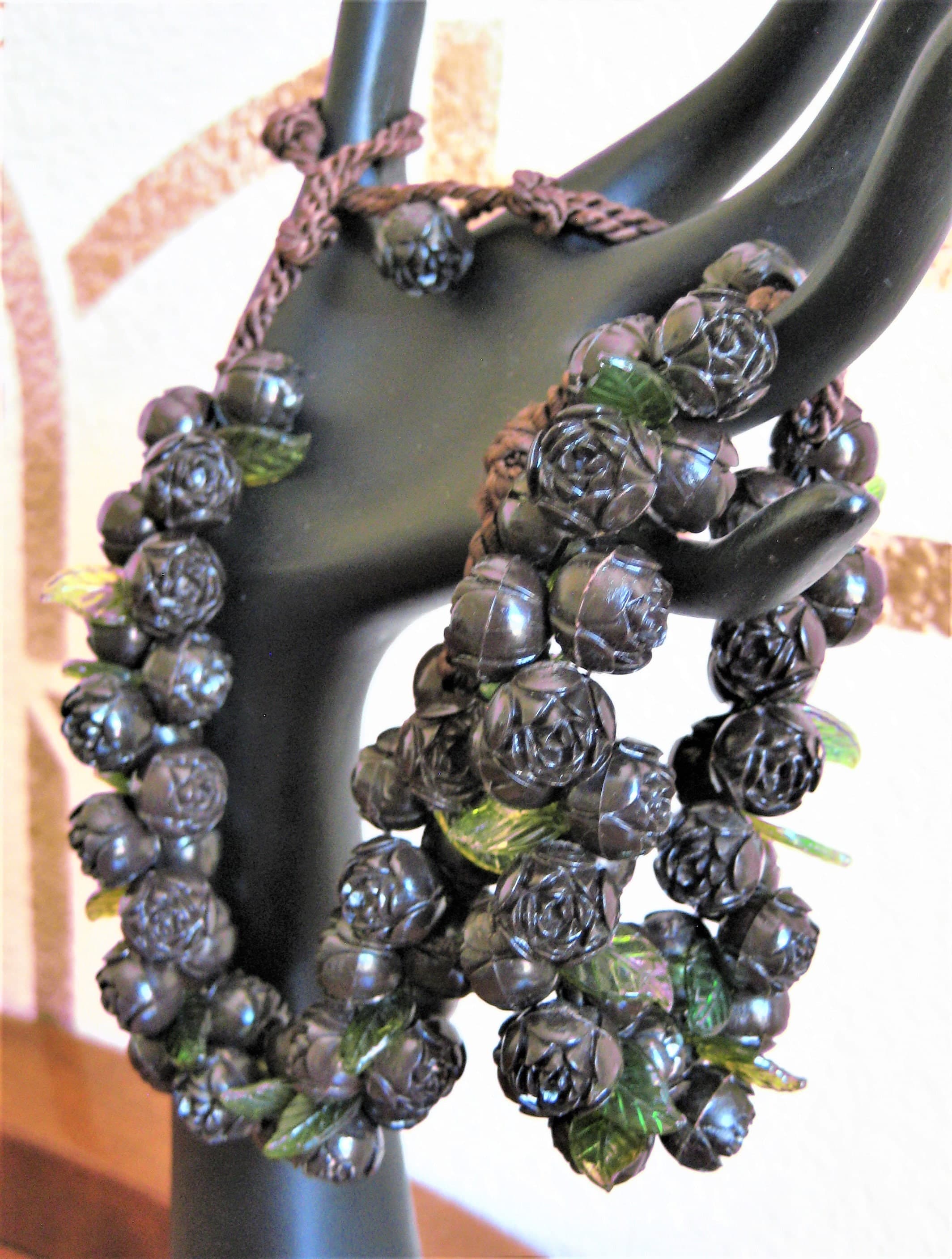 Necklace & Bracelet Set, Thermoset Roses, Ebony Brown, Floral Costume Jewelry, Vintage - image 5