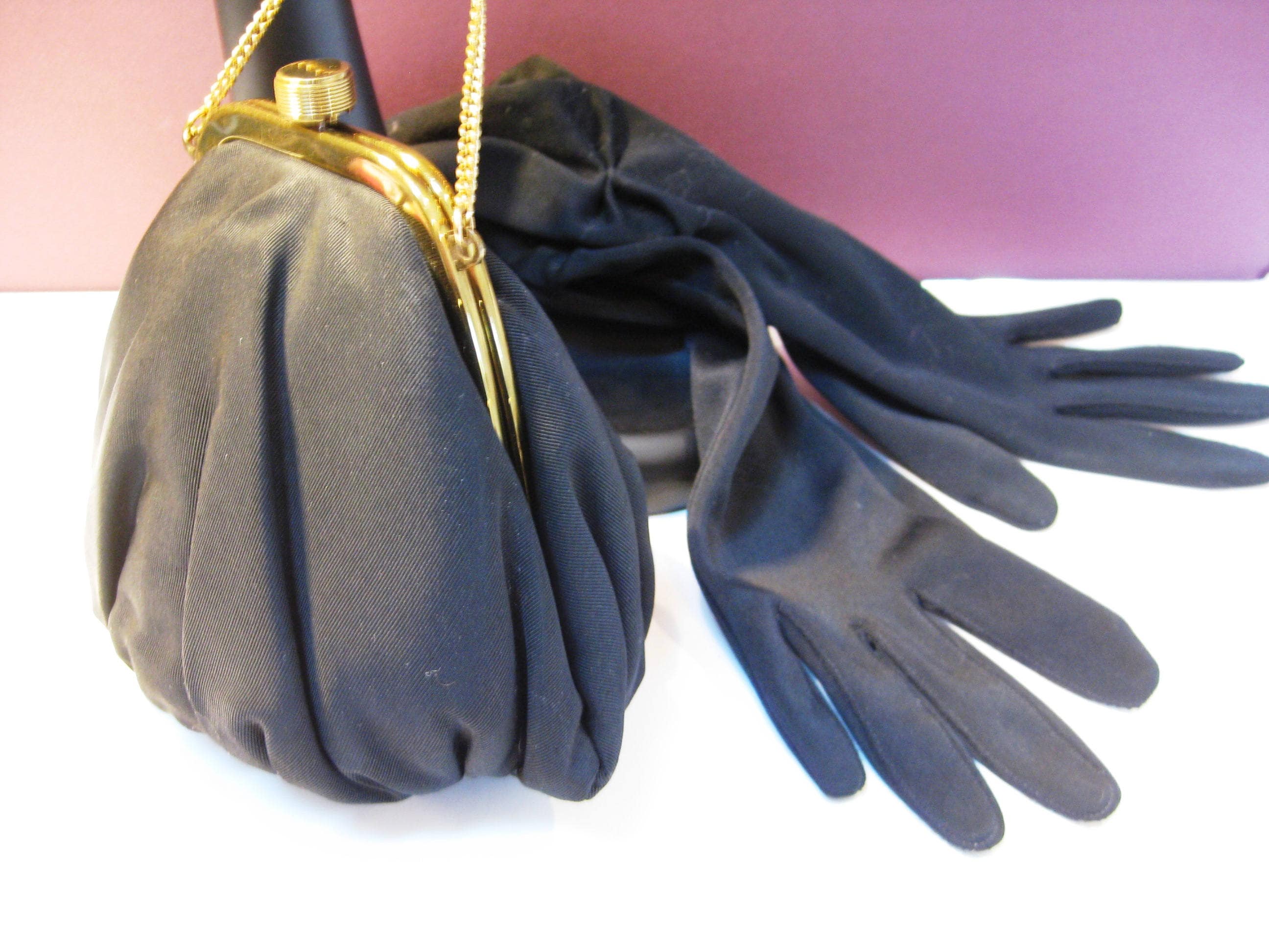 Black Satin Evening Bag w/Coin Purse, Designer GARAY, Art Deco Clasp, Vintage