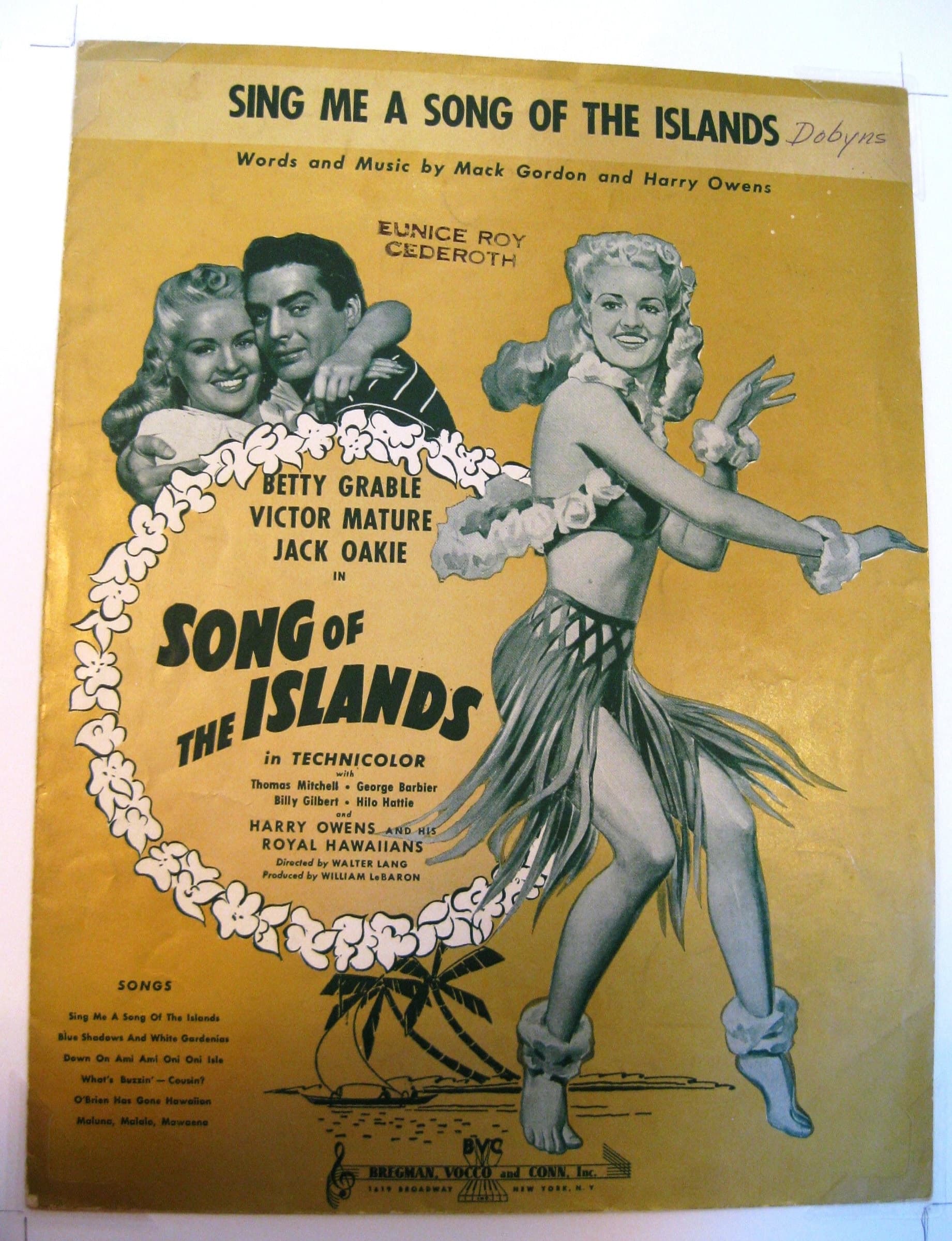 Betty Grable Sheet Music, Sing Me a Song of the Islands, 1942
