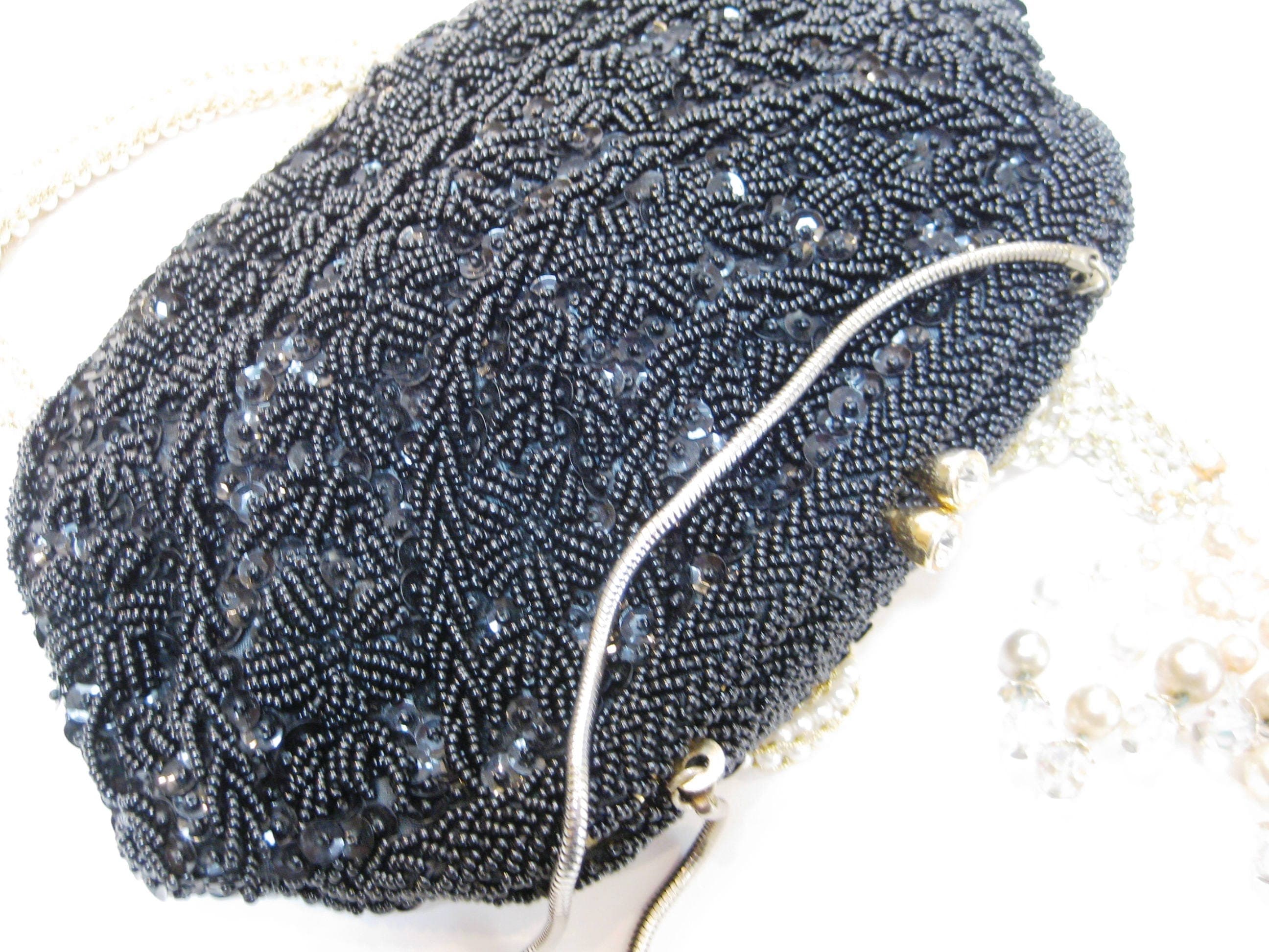 Beaded Evening Bag, Designer YUNG KEE, Hong Kong, Beads & Black Sequins, Vintage - image 5