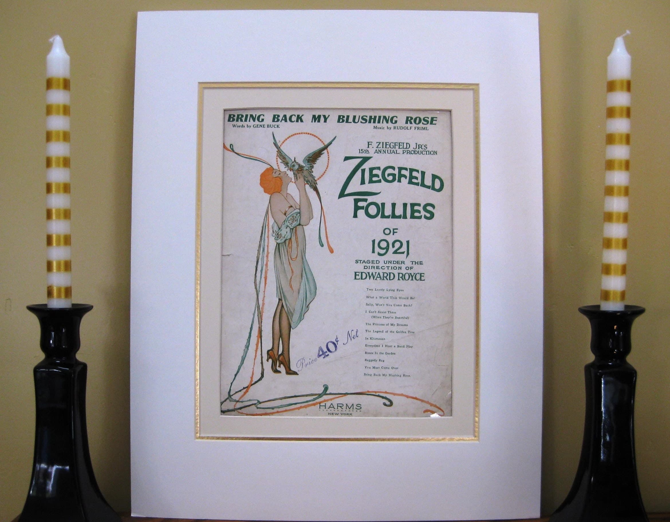 Vintage 1921 Ziegfeld Follies Sheet Music, Matted Art Deco Print