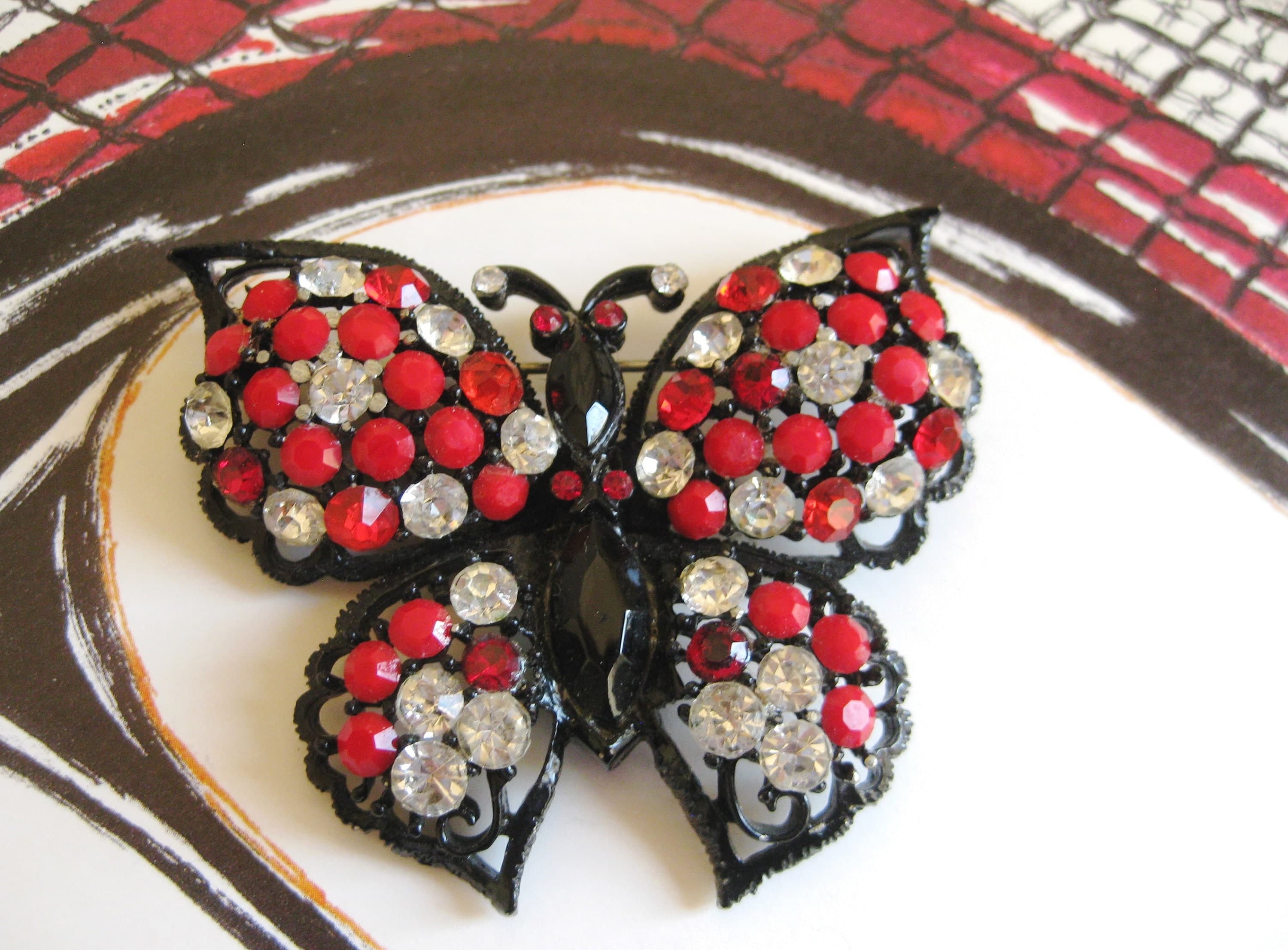 Butterfly Brooch, Designer WEISS, Red Rhinestones, Japanned Metal, Vintage