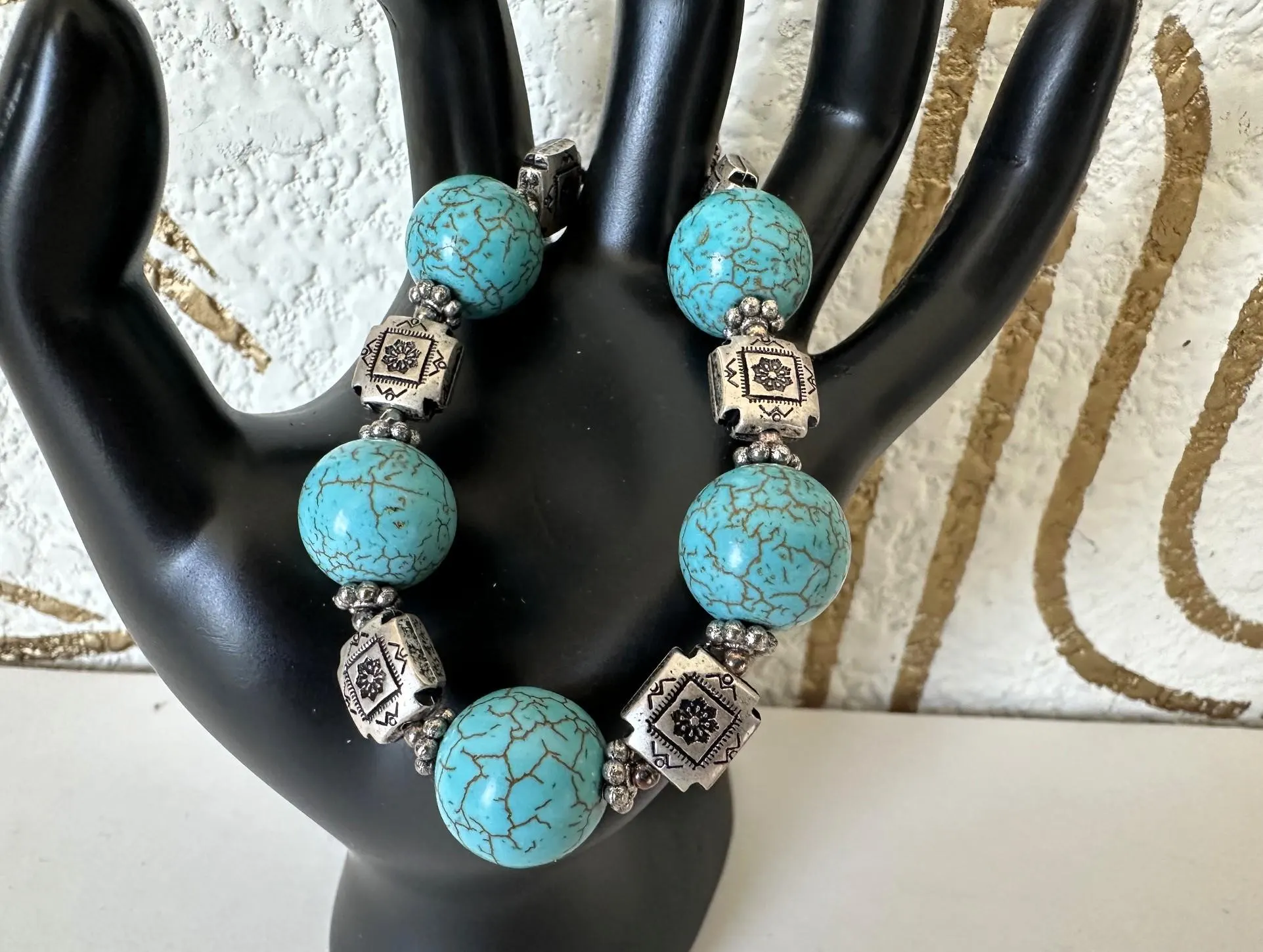 Beaded Bracelet, Turquoise & Embossed Silver, Toggle Closure, Southwestern Design, Vintage