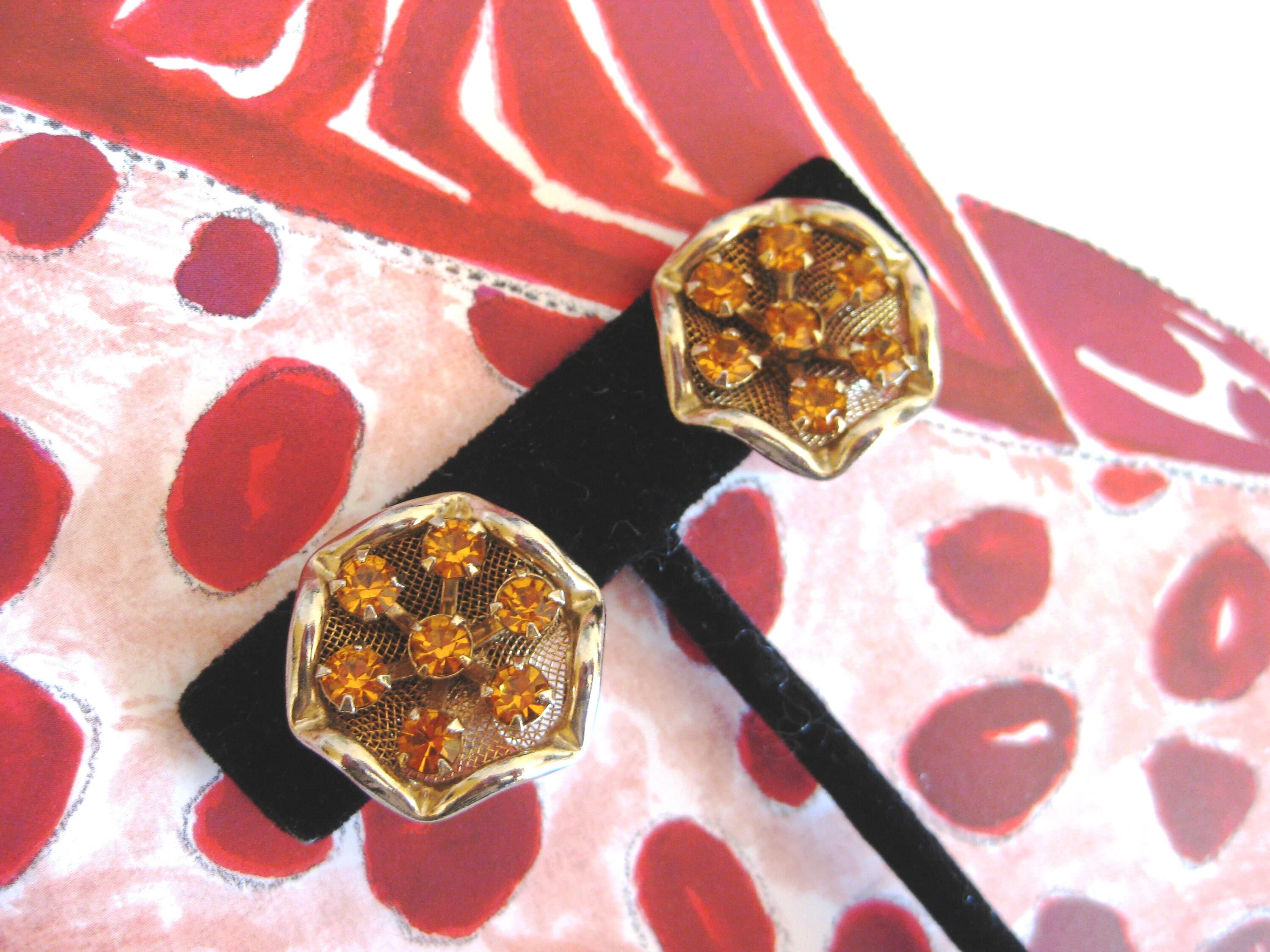 Clip On Earrings, Amber Rhinestones, Gold Tone Settings, Vintage Find - image 5