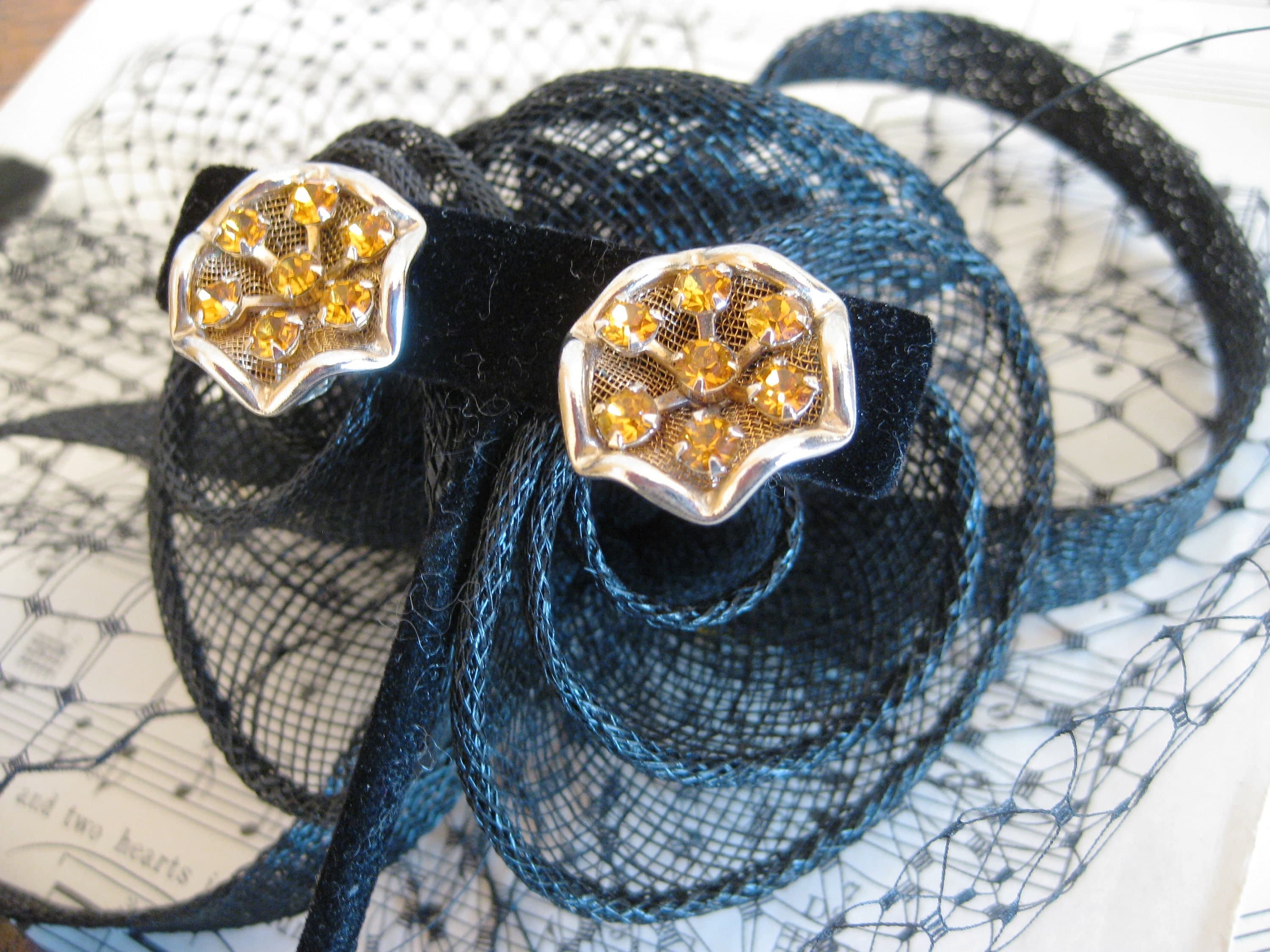 Clip On Earrings, Amber Rhinestones, Gold Tone Settings, Vintage Find - image 4