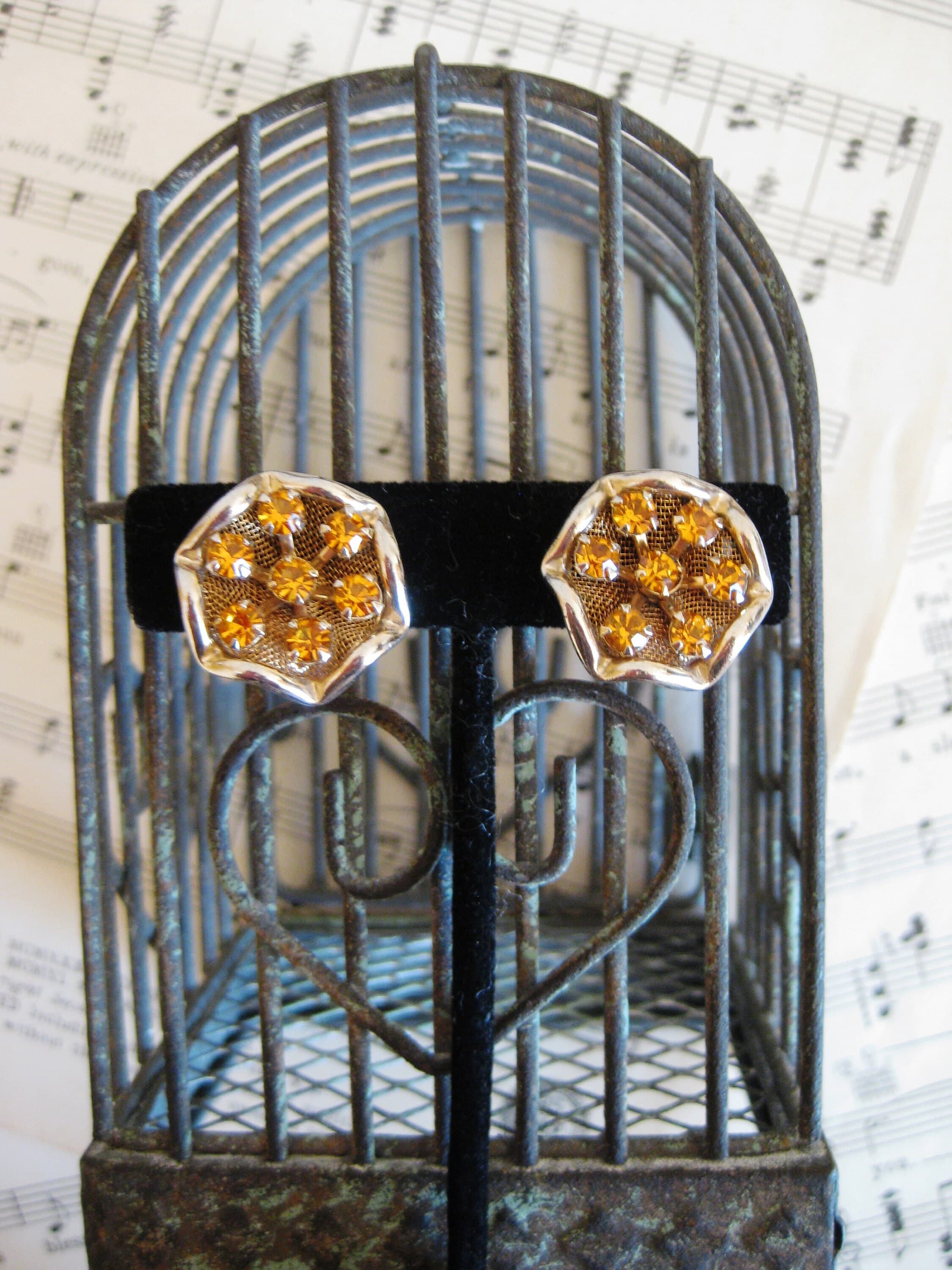 Clip On Earrings, Amber Rhinestones, Gold Tone Settings, Vintage Find - image 4