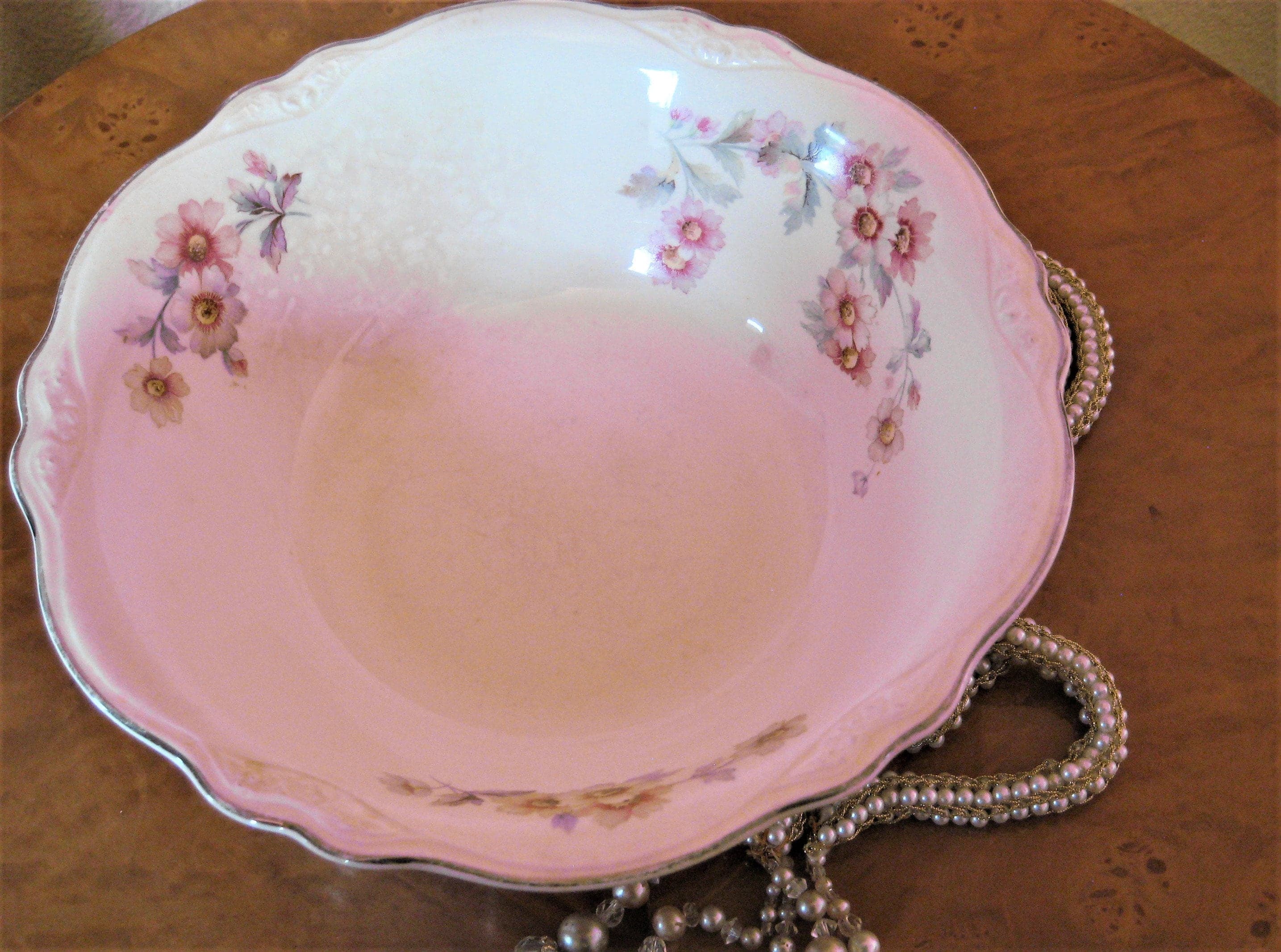 Vintage Homer Laughlin Serving Bowl, Virginia Rose, Pink Floral, Platinum Trim