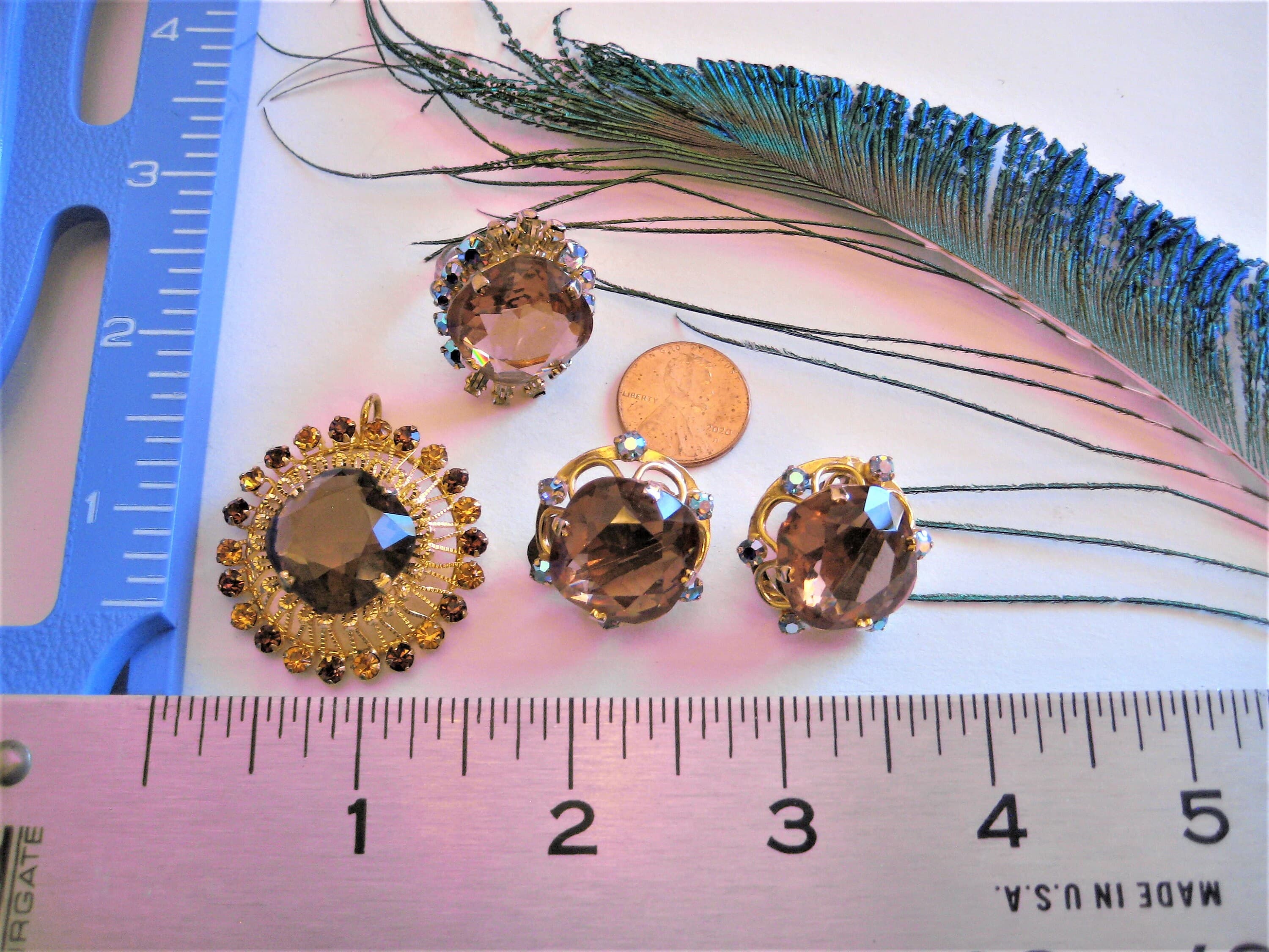 Rhinestone Jewelry Set, Clip Earrings and Ring, Honey Topaz Gold Tone, Vintage Estate Find - image 3