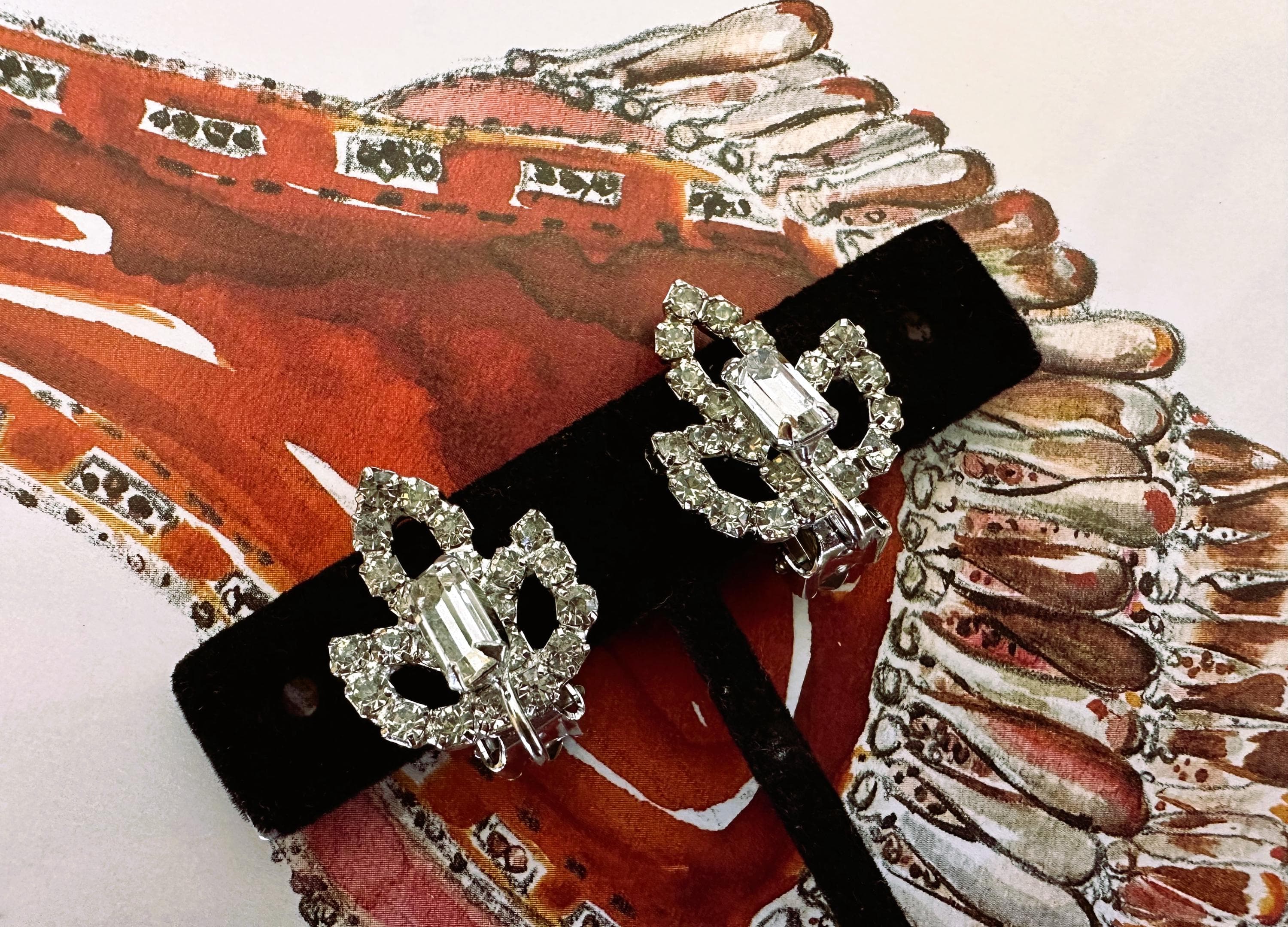 Clip-on Earrings, Rhinestones, Leaf Design, Silver Metal, Vintage Find