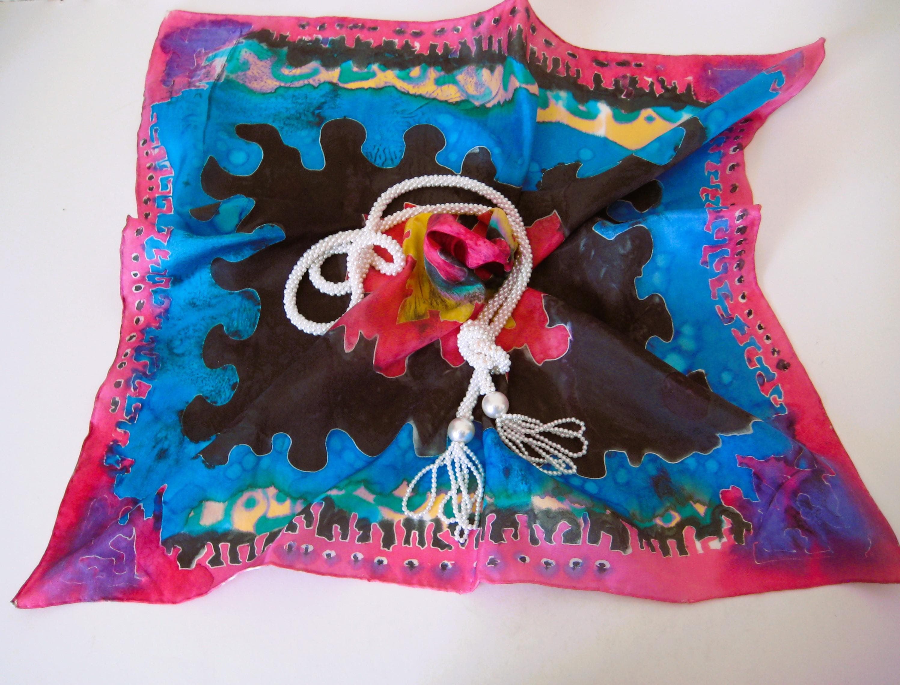 Pure Silk Scarf, Colorful Abstract Design, Hand Sewn, Square (21x21), Vintage
