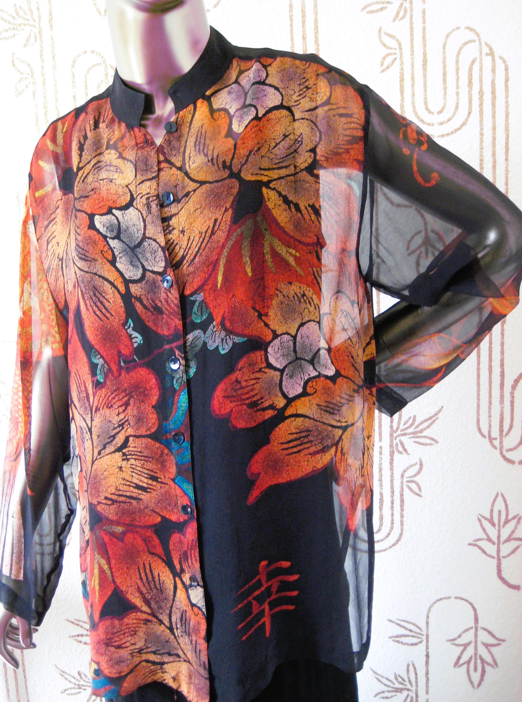 Chico's Vintage Silk Chiffon Blouse, Floral Asian Pattern - image 5