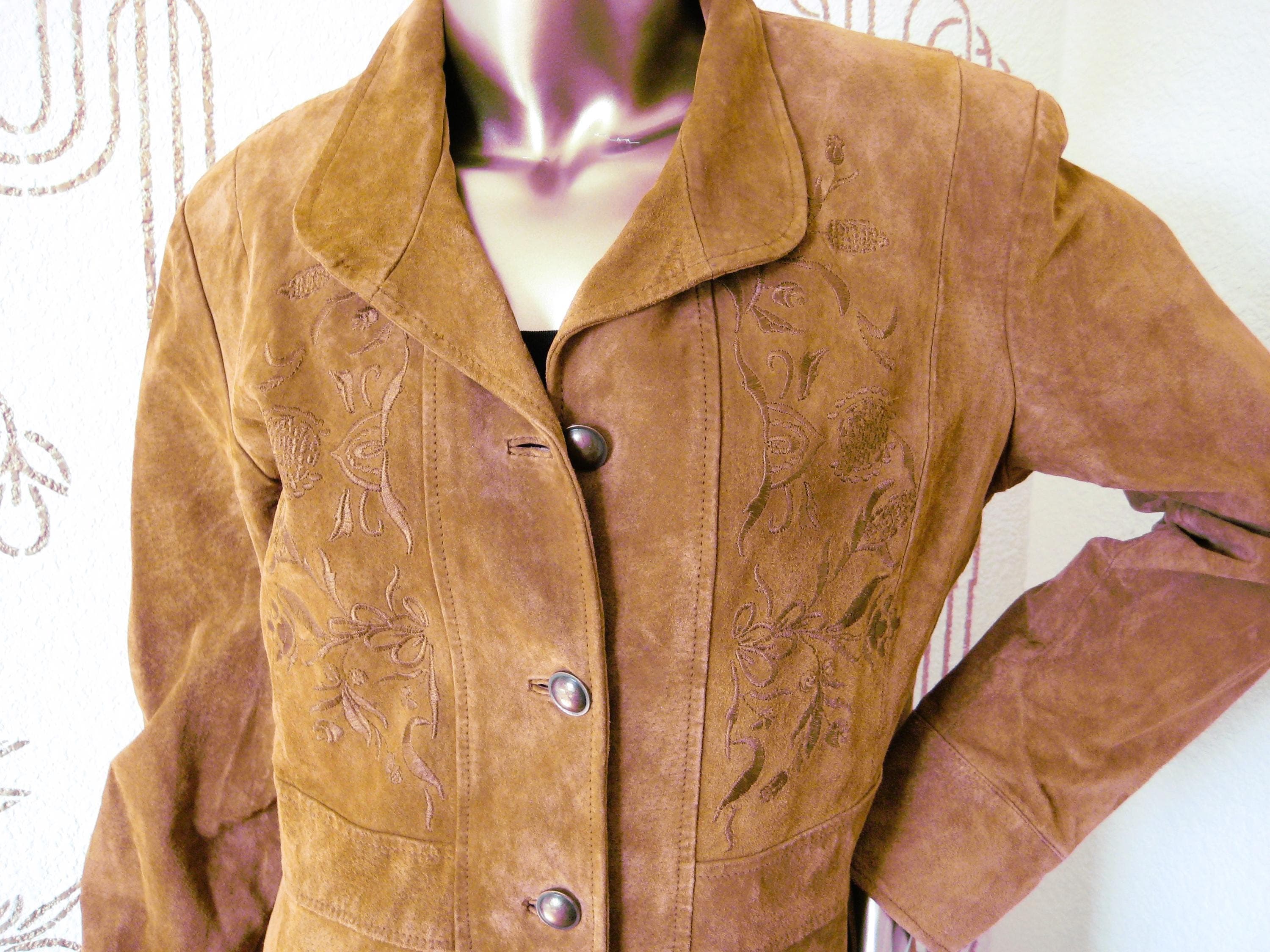 Coat, Suede Leather, Embroidered Detail, Margaret Godfrey, Size 10, Vintage