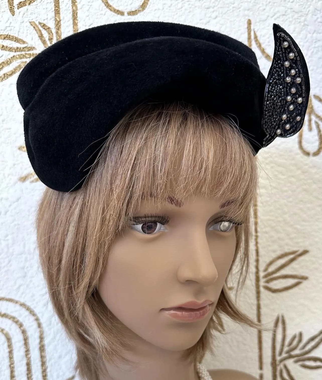 Asymmetrical Hat, Black Wool Velour, Hat with Beaded and Pearl Leaf Embellishment, Vintage