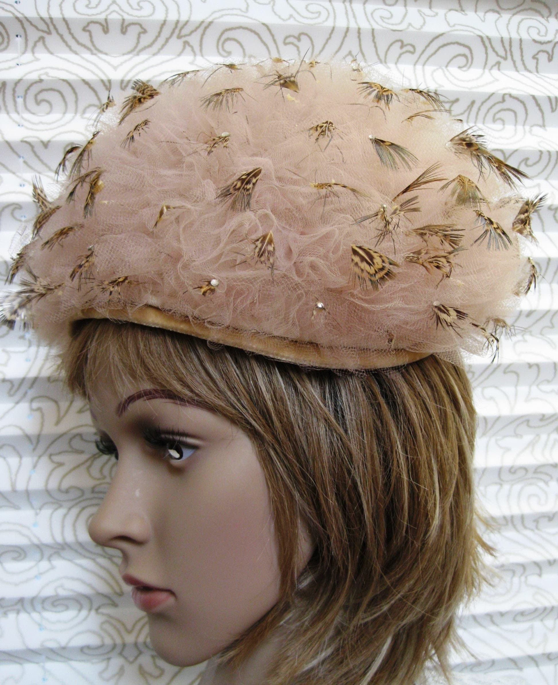 Couture Hat, Jack McConnell Red Feather, Gold Lace, Vintage Millinery, Weinstock-Hale Hat Box