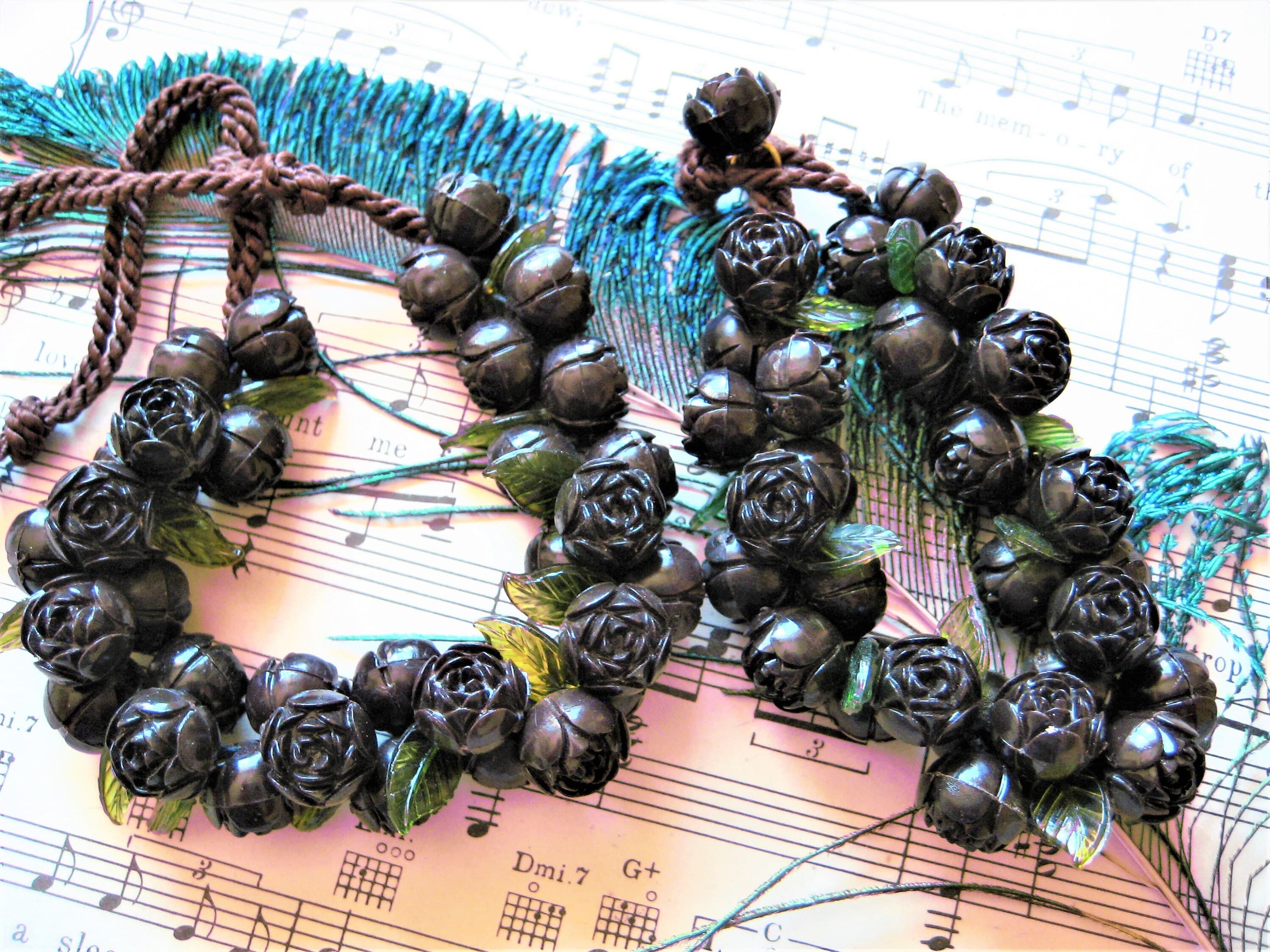 Necklace & Bracelet Set, Thermoset Roses, Ebony Brown, Floral Costume Jewelry, Vintage