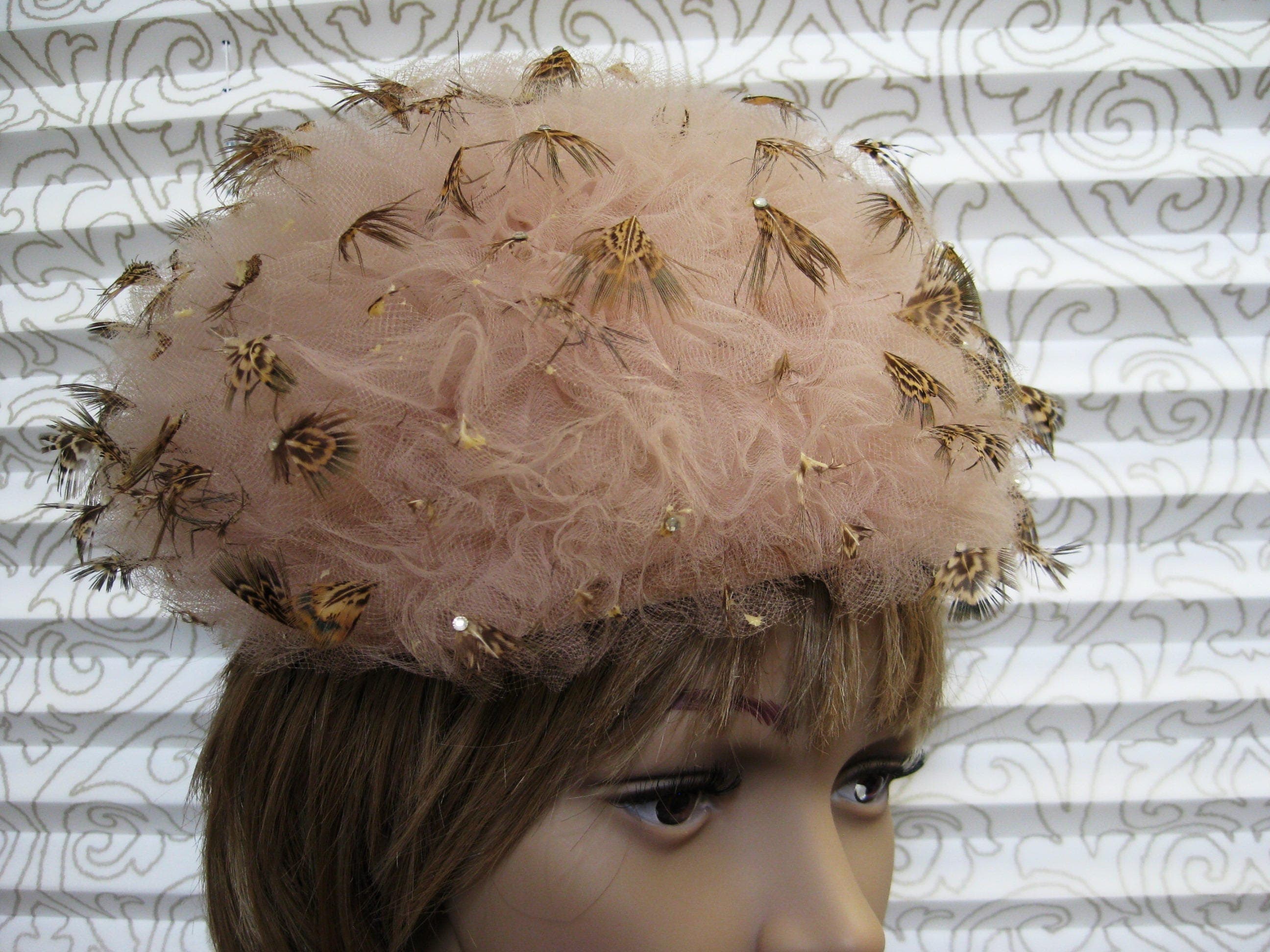 Couture Hat, Jack McConnell Red Feather, Gold Lace, Vintage Millinery, Weinstock-Hale Hat Box - image 4