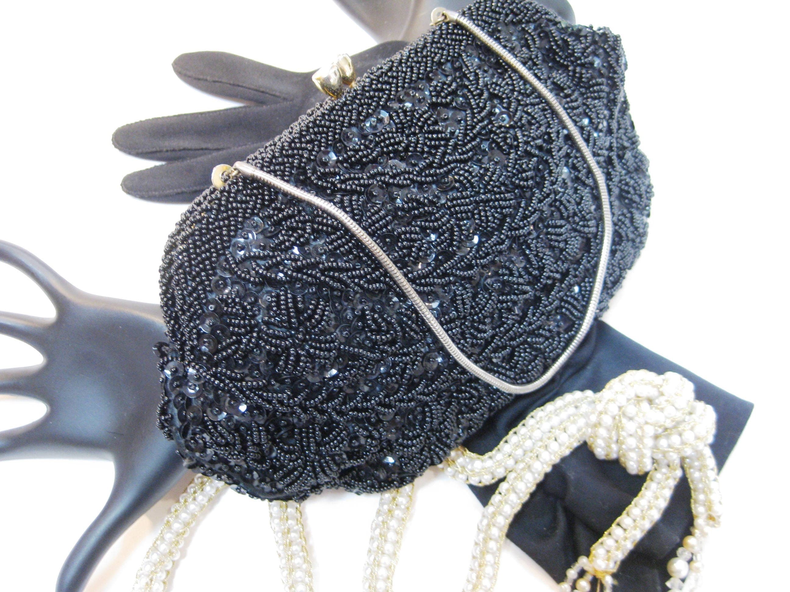 Beaded Evening Bag, Designer YUNG KEE, Hong Kong, Beads & Black Sequins, Vintage