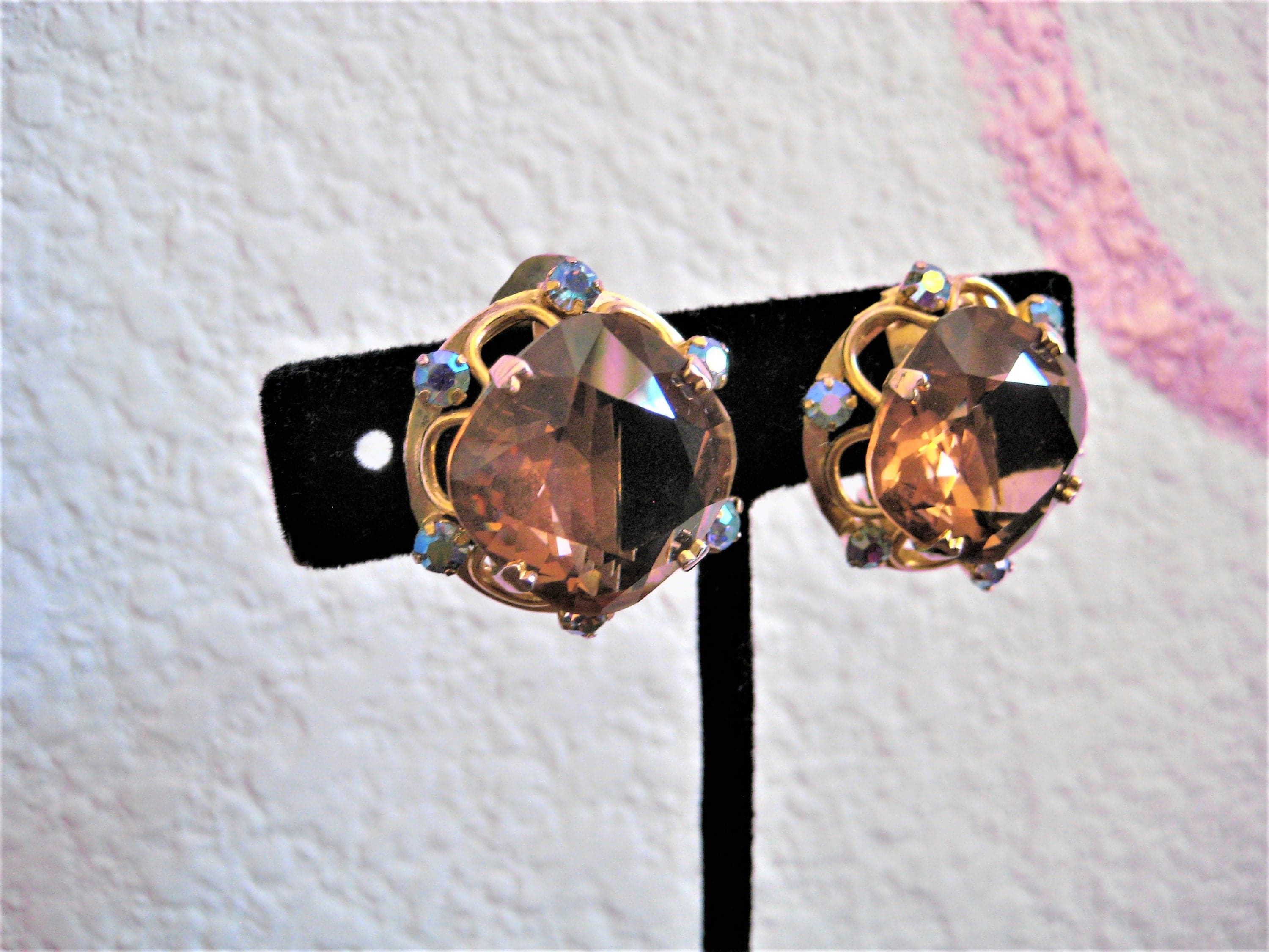 Rhinestone Jewelry Set, Clip Earrings and Ring, Honey Topaz Gold Tone, Vintage Estate Find - image 5