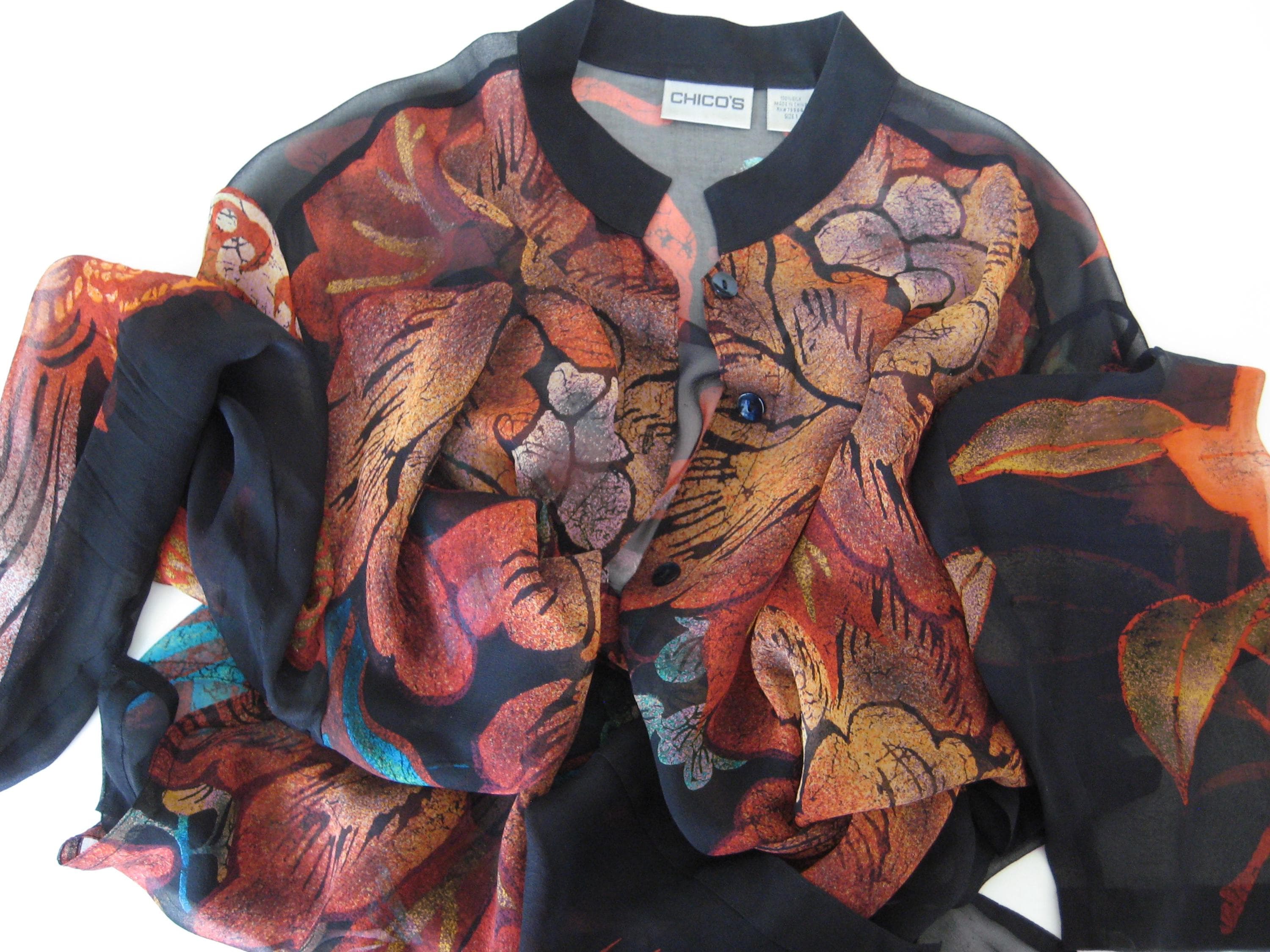 Chico's Vintage Silk Chiffon Blouse, Floral Asian Pattern - image 4