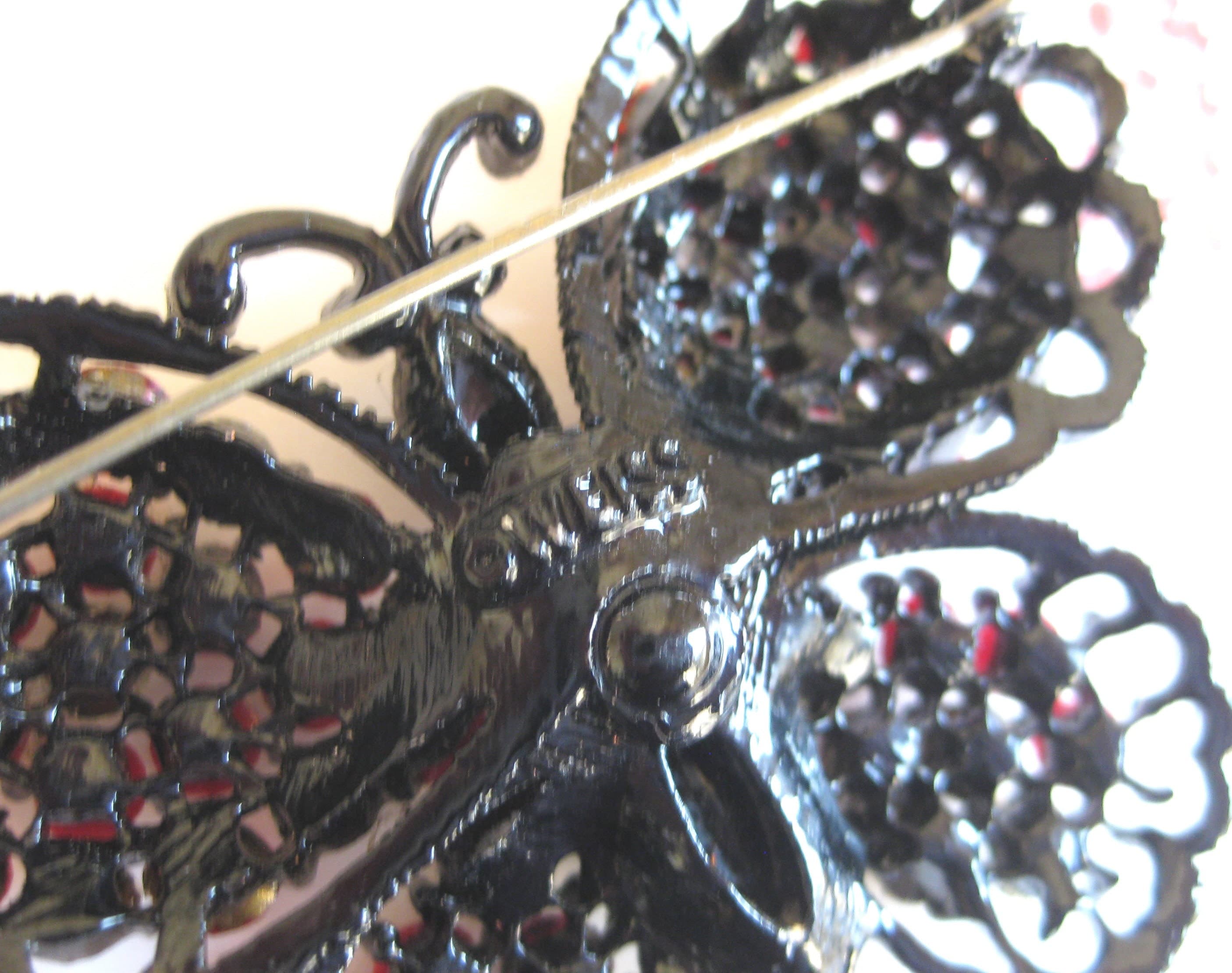 Butterfly Brooch, Designer WEISS, Red Rhinestones, Japanned Metal, Vintage - image 3