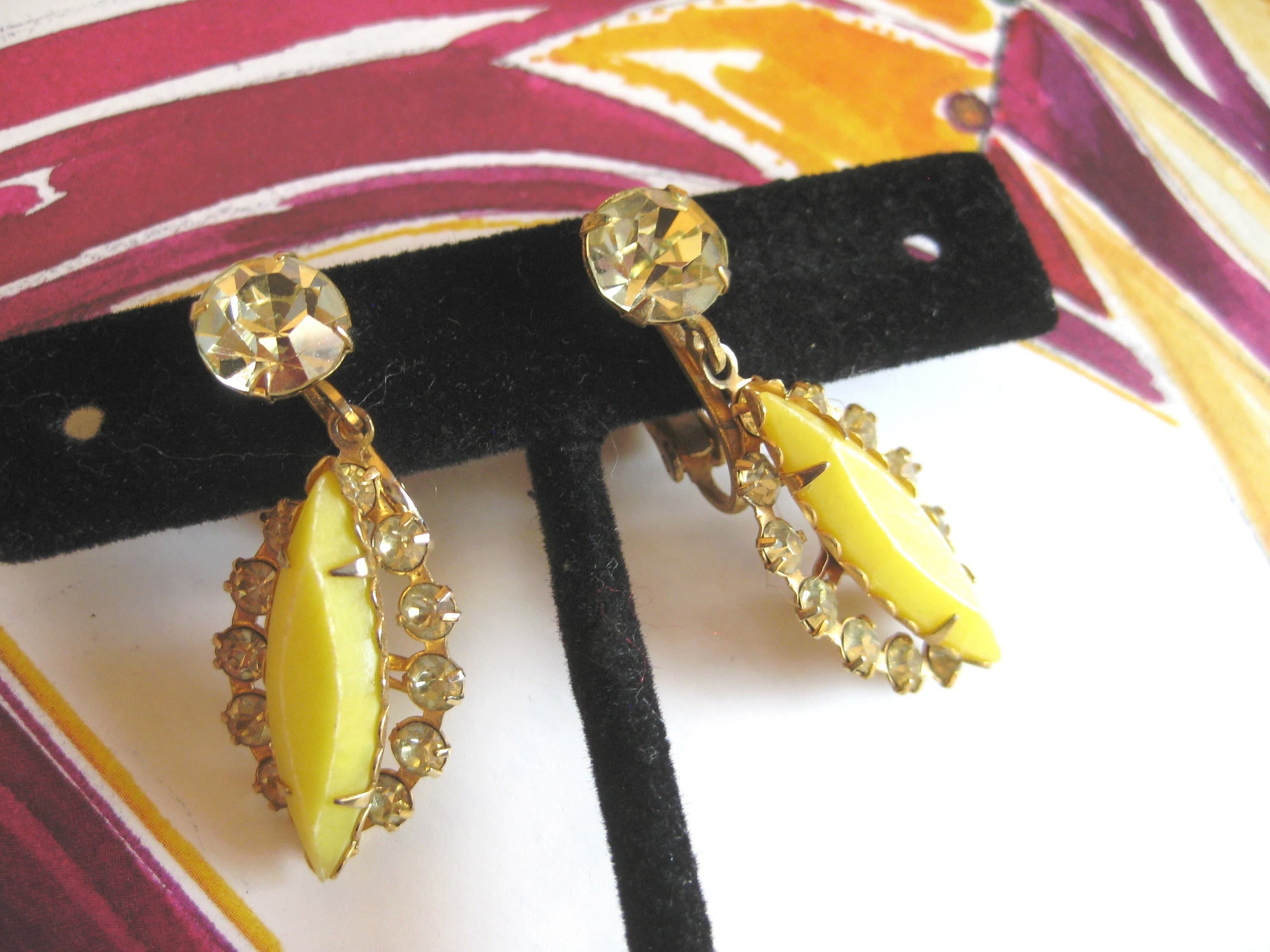 Clip-on Earrings, Yellow Art Glass & Rhinestones, Gold Settings, Vintage